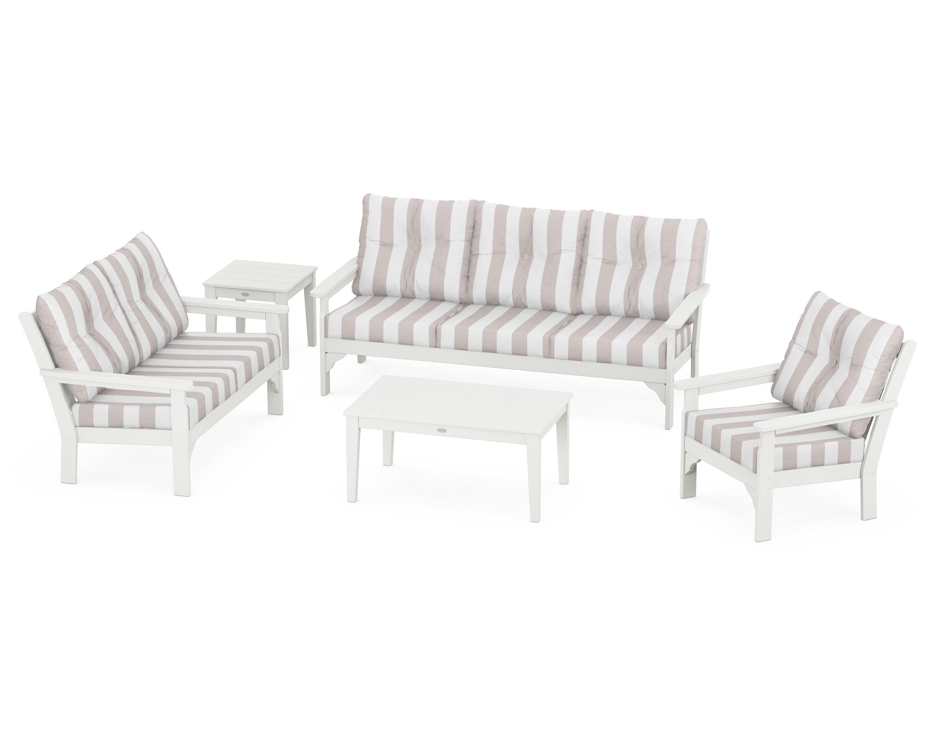 Vineyard 5 Piece Deep Seating Set in Vintage White / Cabana Stripe Dune Burlap
