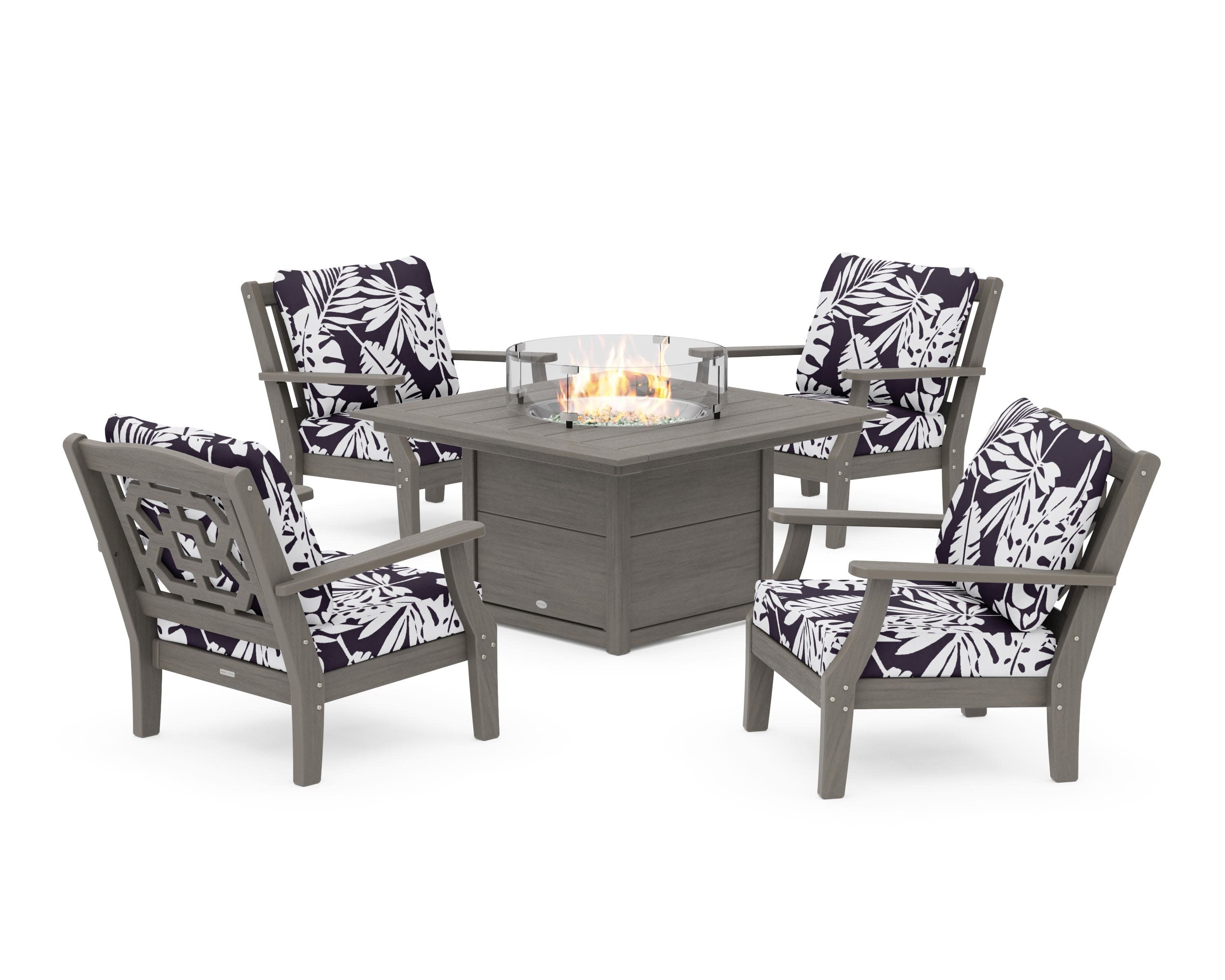 Chinoiserie 5-Piece Deep Seating Set with Fire Pit Table in Driftwood / Leaf Navy