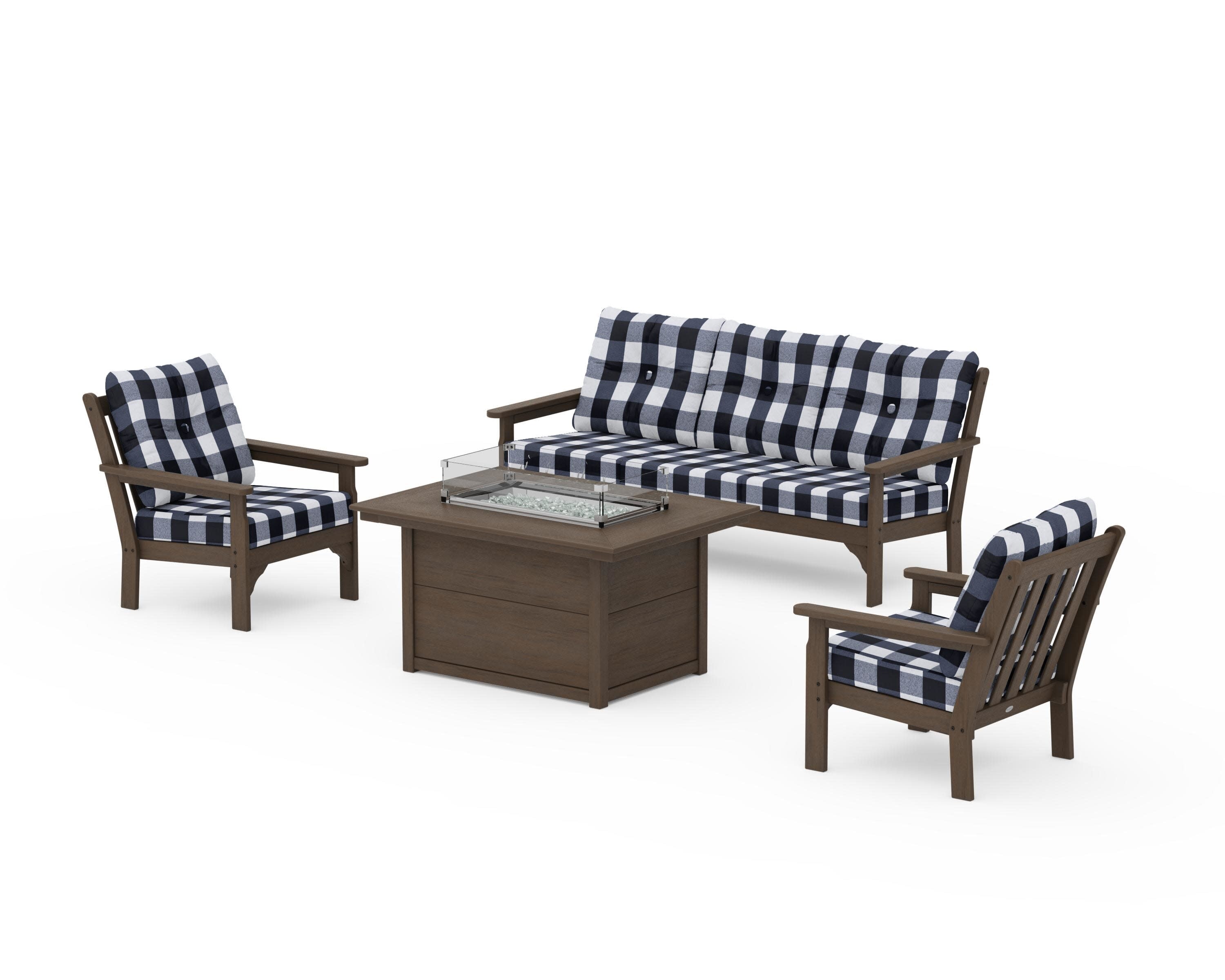 Vineyard Deep Seating Fire Pit Table Set in Kona / Buffalo Plaid Marine Indigo