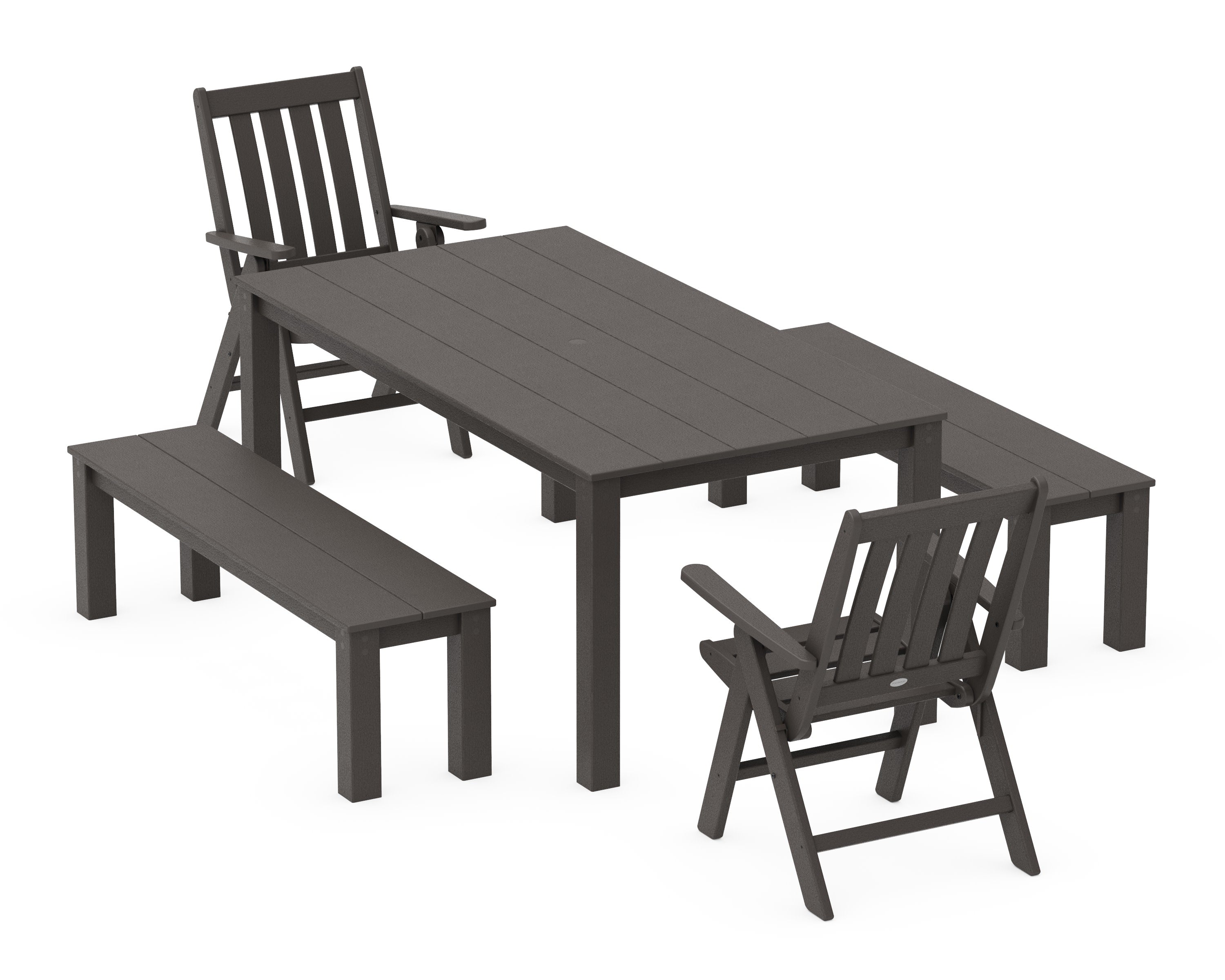 Vineyard Folding Chair 5-Piece Parsons Dining Set with Benches in Vintage Coffee