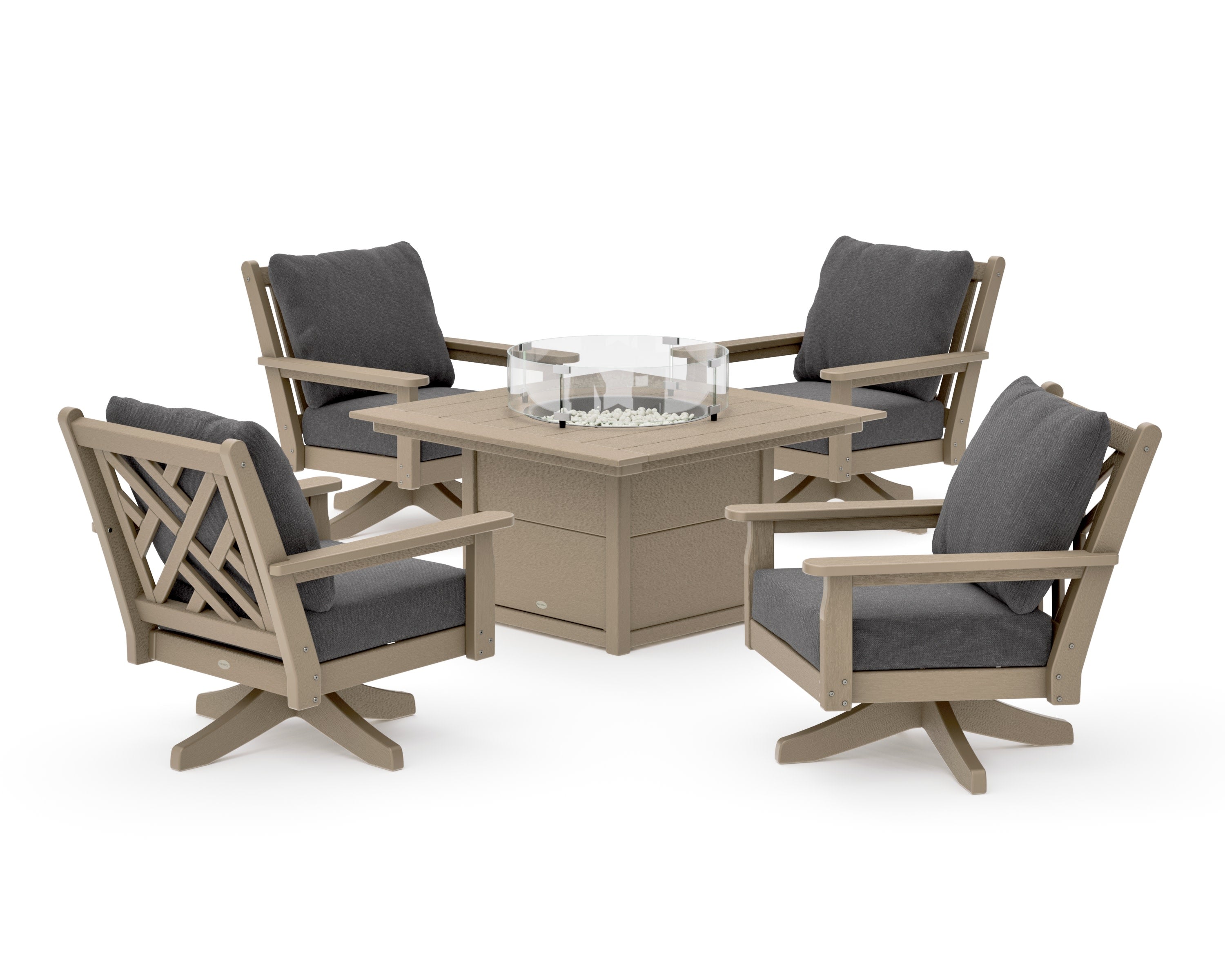 Chippendale 5-Piece Deep Seating Swivel Conversation Set with Fire Pit Table in Vintage Sahara / Ash Charcoal
