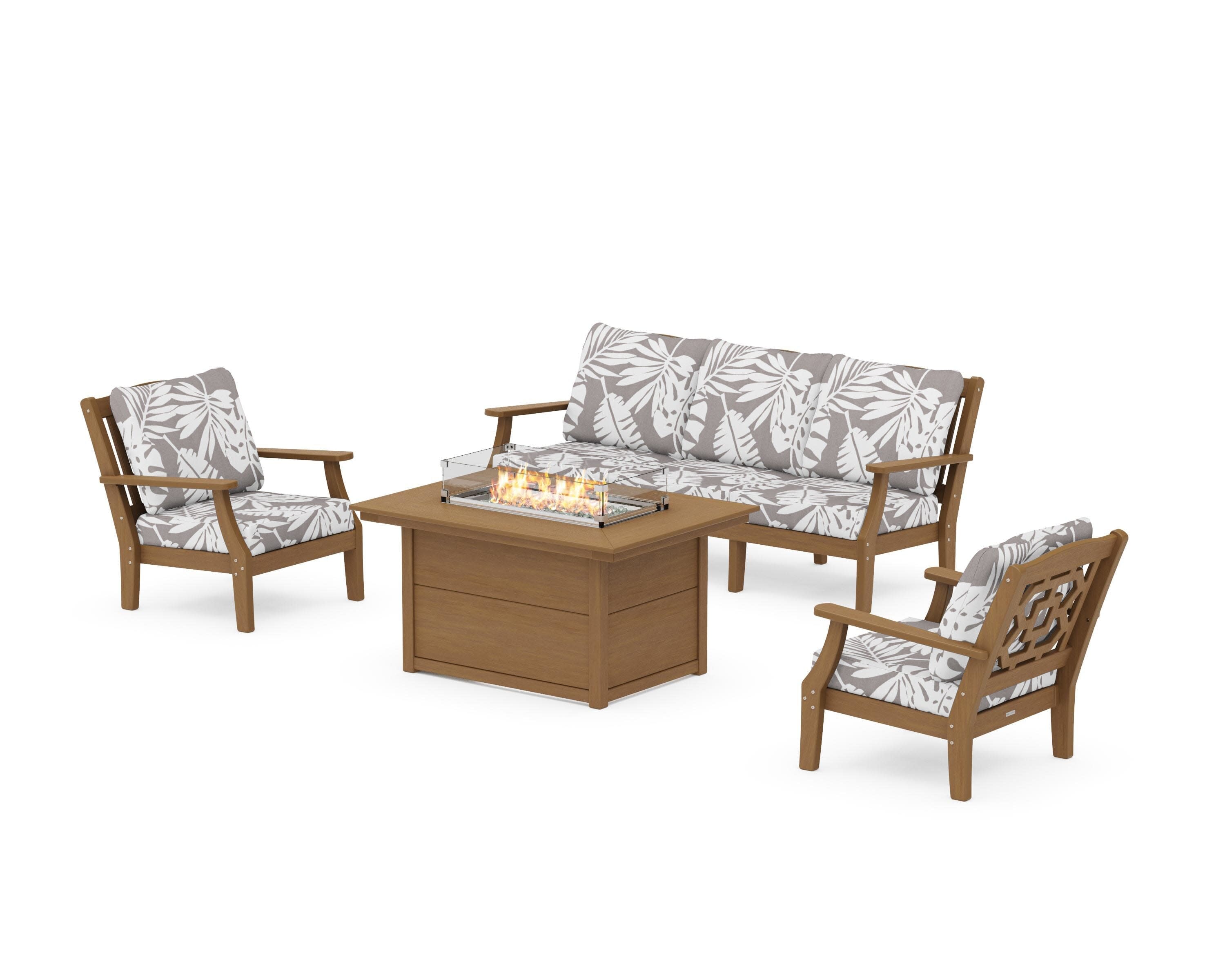 Chinoiserie Deep Seating Fire Pit Table Set in Natural / Leaf Grey Mist