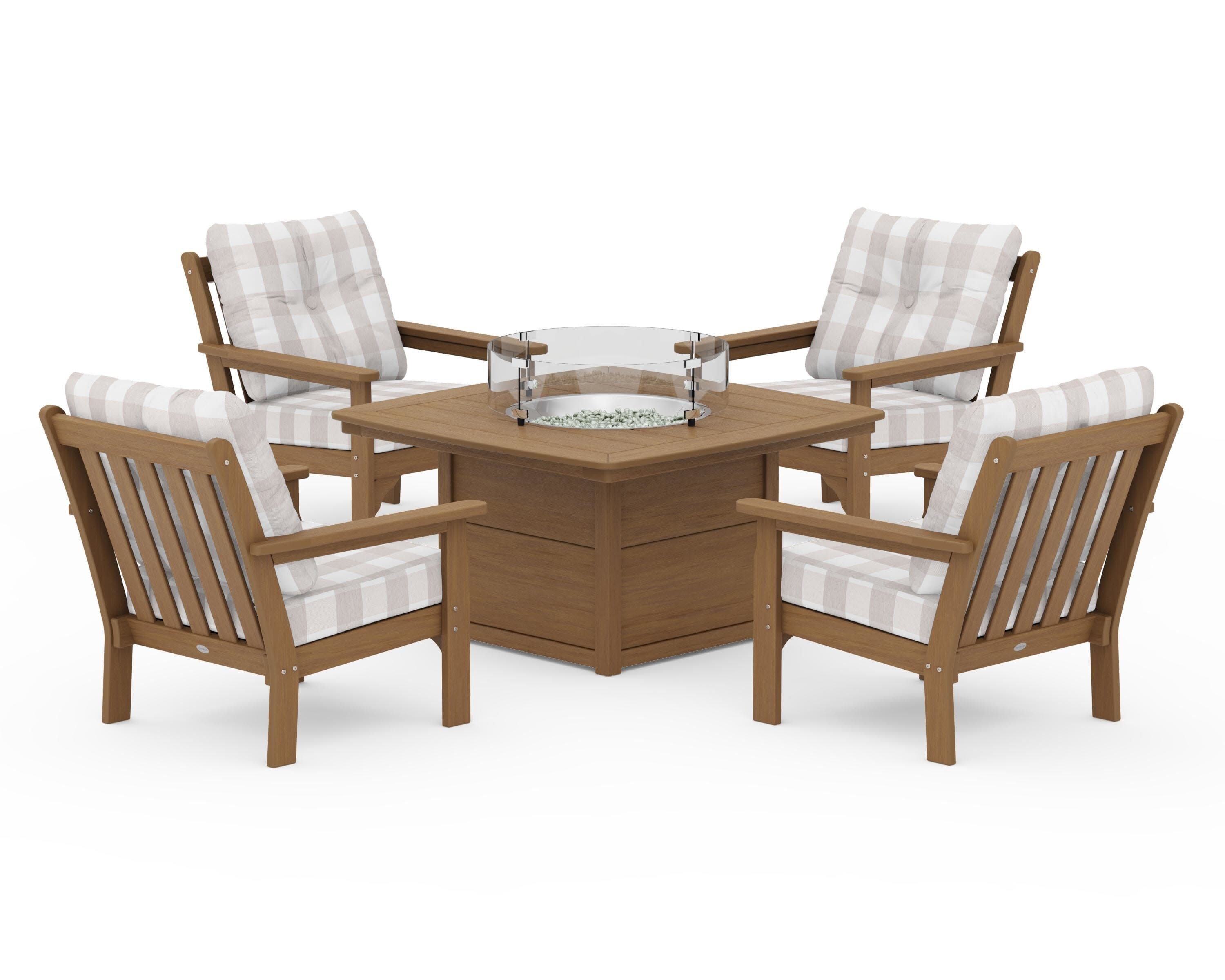 Vineyard 5-Piece Conversation Set with Fire Pit Table in Natural / Buffalo Plaid Dune Burlap