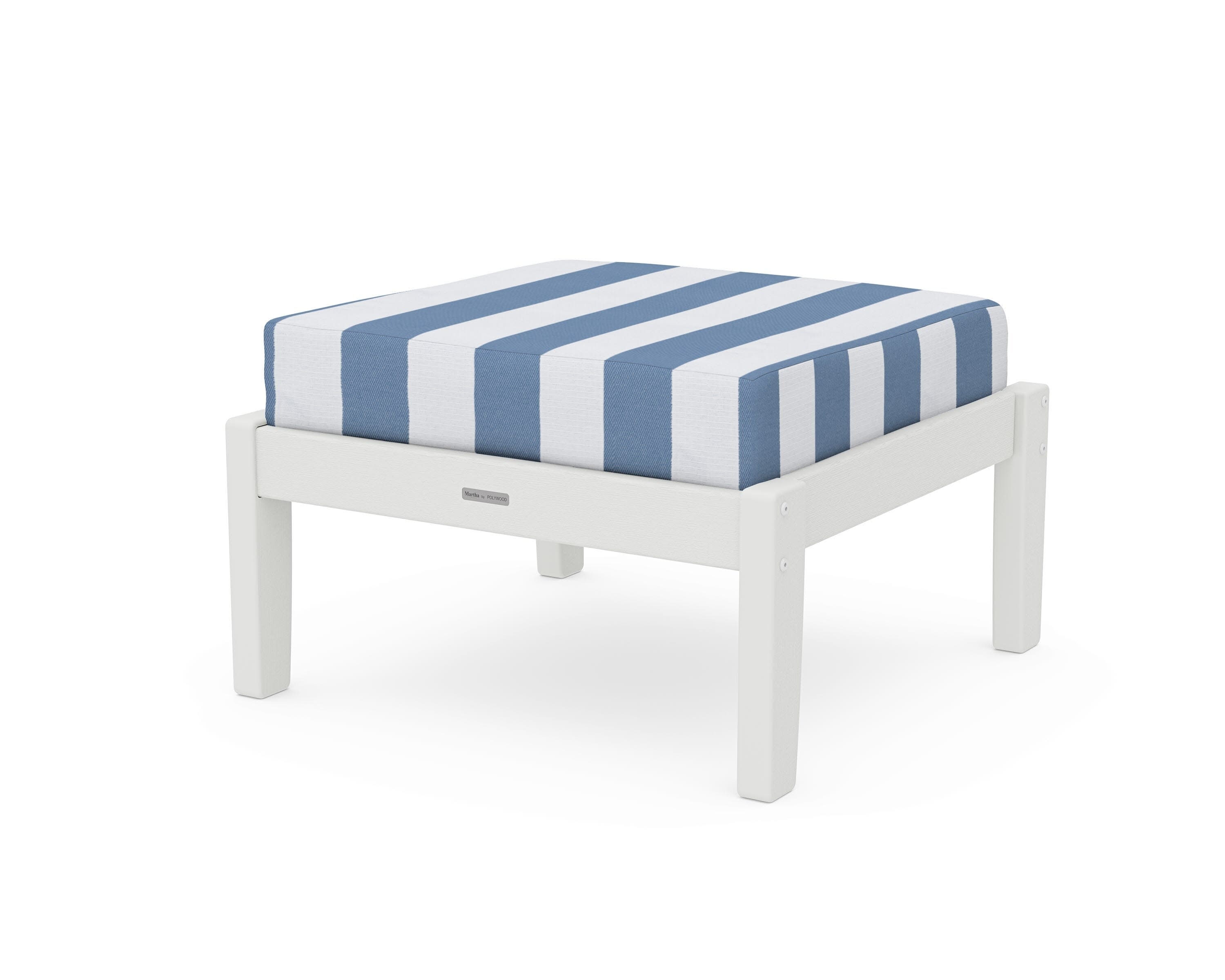 Chinoiserie Deep Seating Ottoman in Vintage White / Cabana Stripe Sky Blue