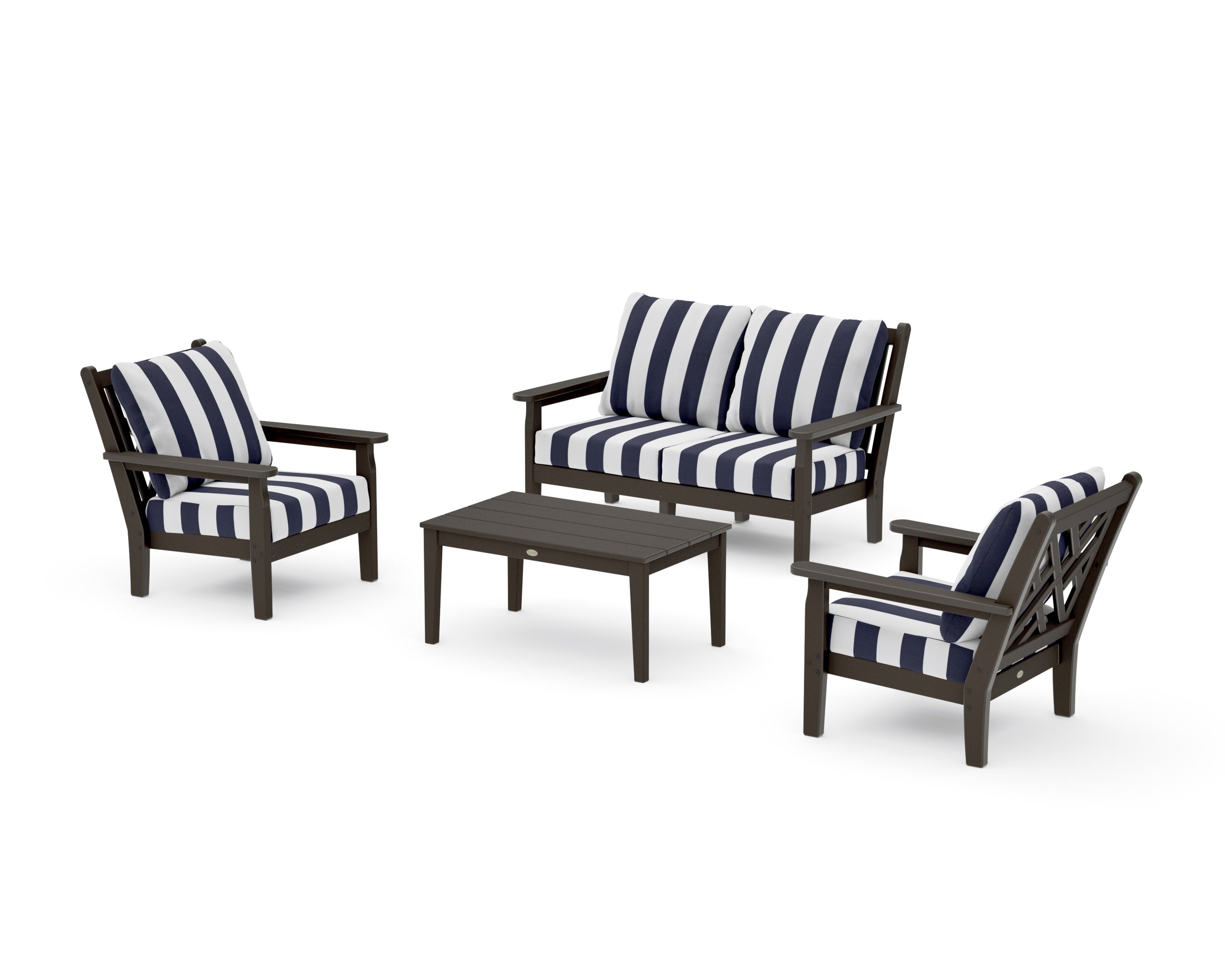 Chippendale 4-Piece Deep Seating Set with Loveseat in Vintage Coffee / Cabana Stripe Navy