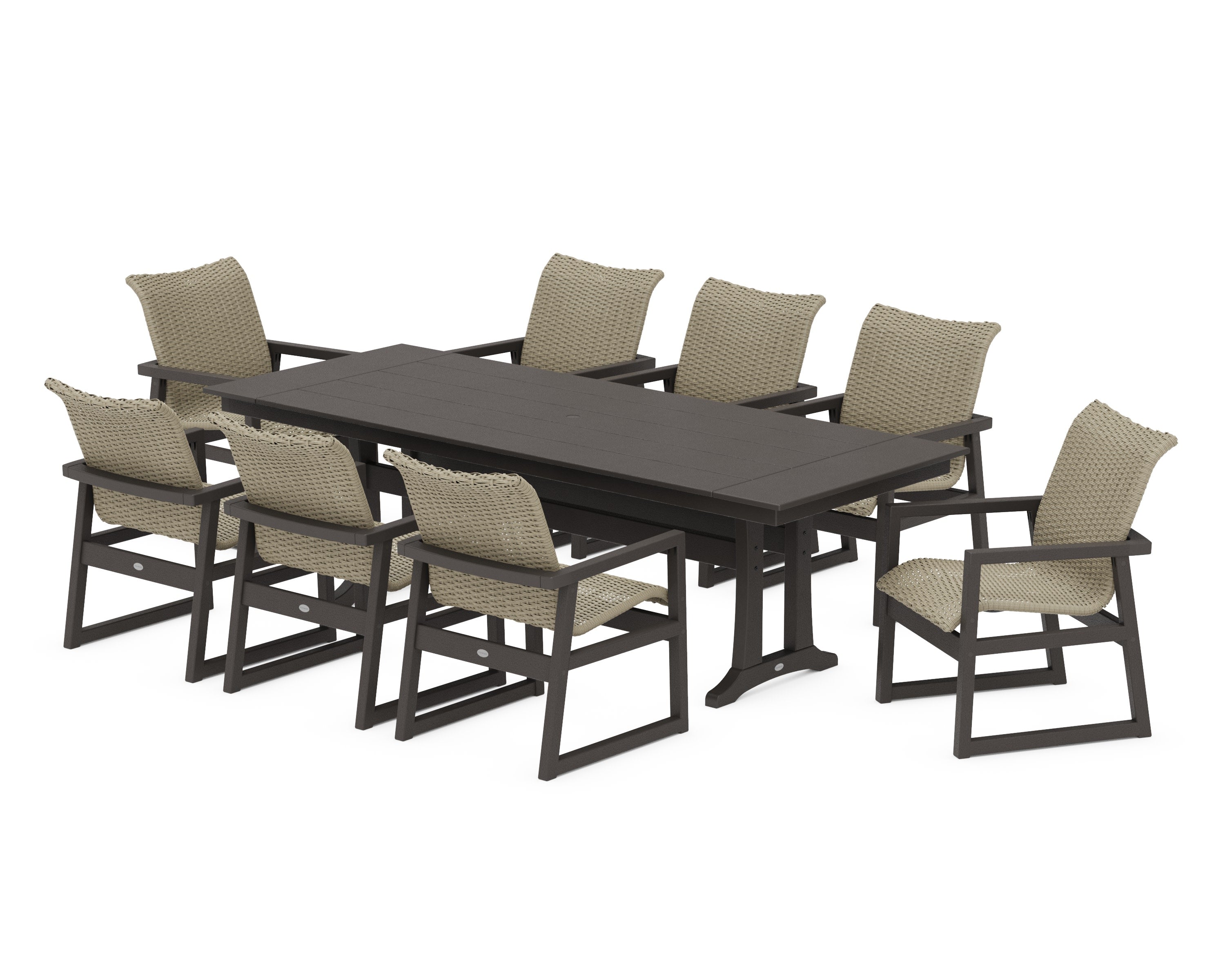EDGE Woven 9-Piece Farmhouse Dining Set with Trestle Legs in Vintage Coffee / Dune Grass
