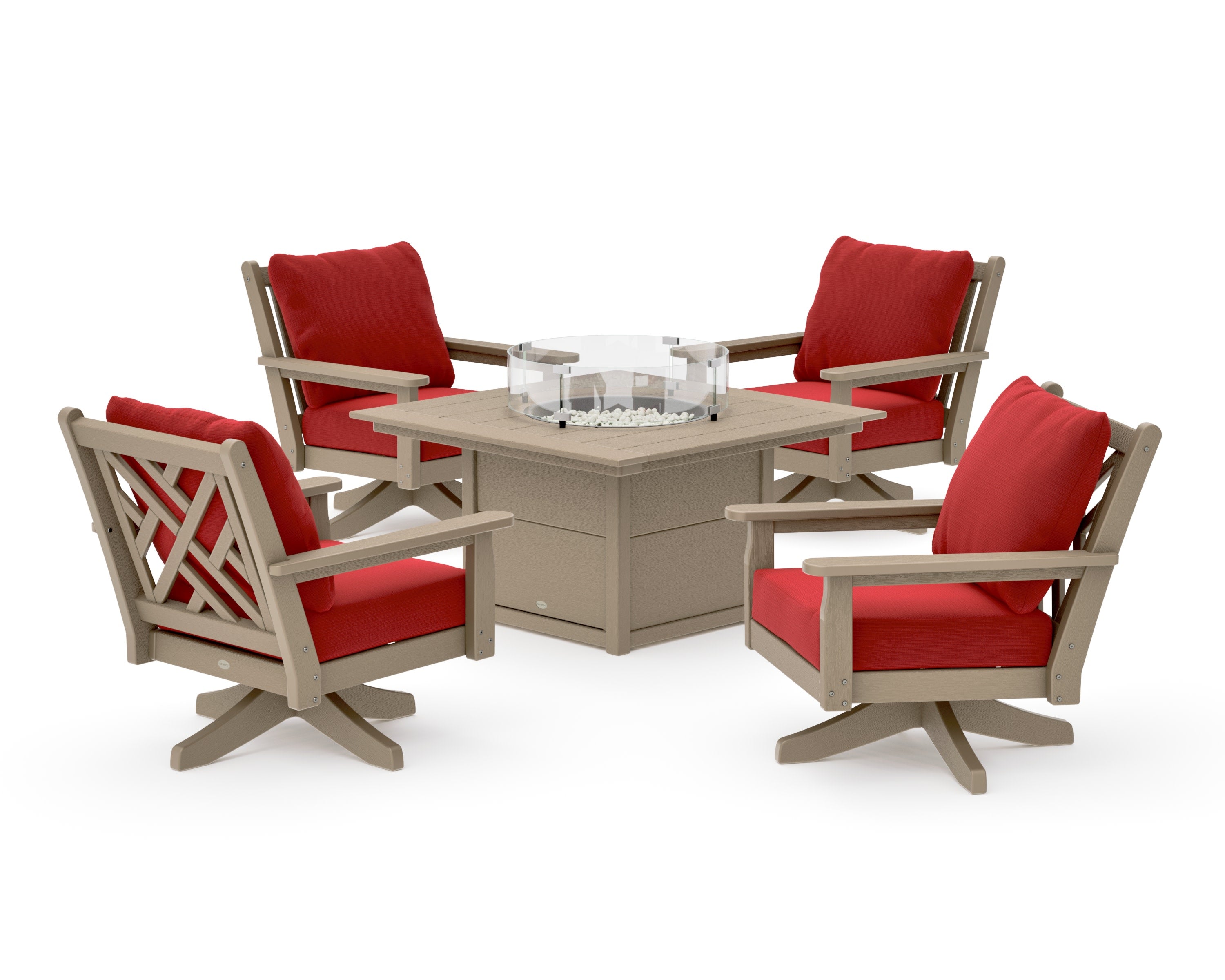 Chippendale 5-Piece Deep Seating Swivel Conversation Set with Fire Pit Table in Vintage Sahara / Crimson Linen
