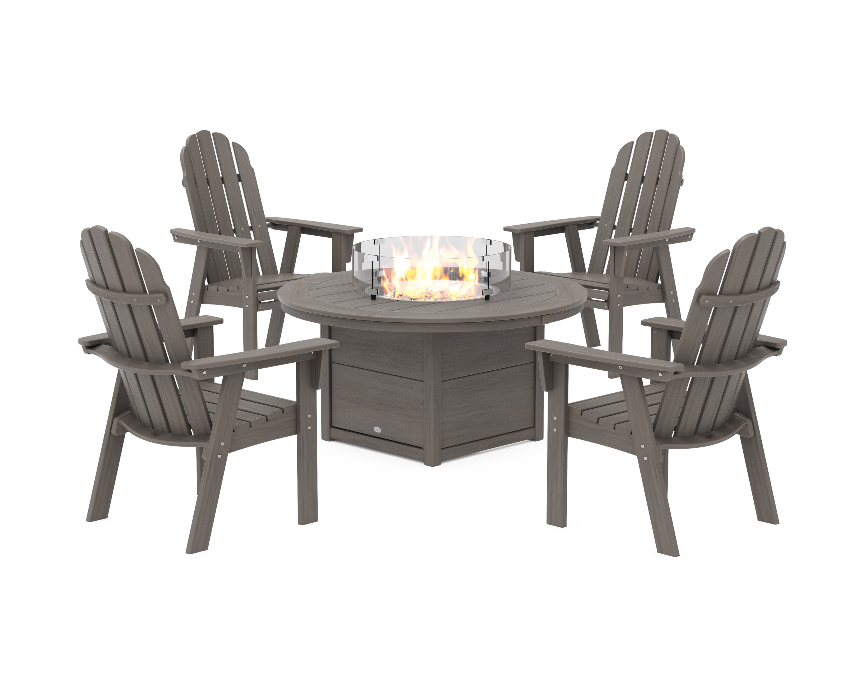 Vineyard 4-Piece Curveback Upright Adirondack Conversation Set with Fire Pit Table in Driftwood