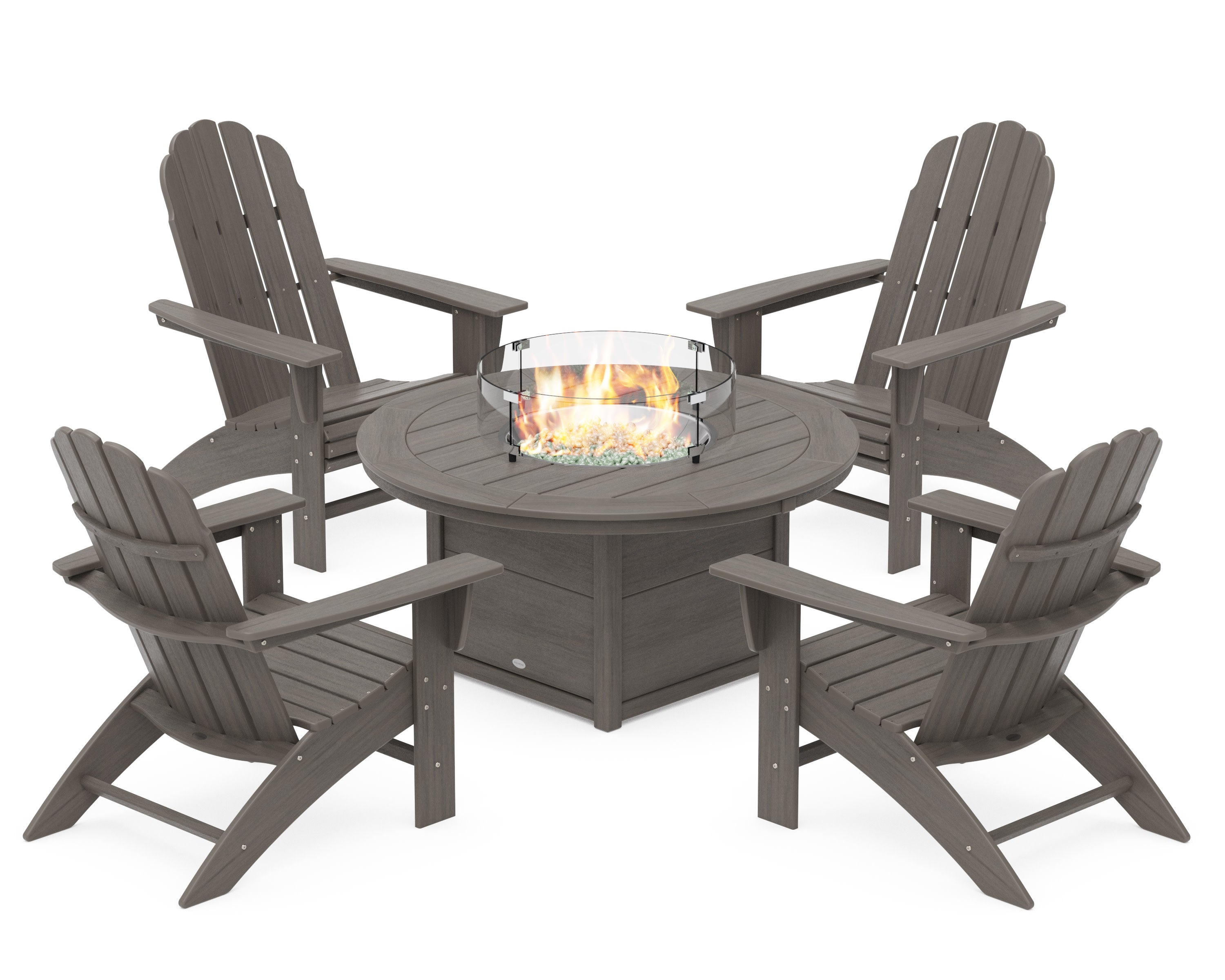 Vineyard Curveback Adirondack 5-Piece Conversation Set with Fire Pit Table in Driftwood