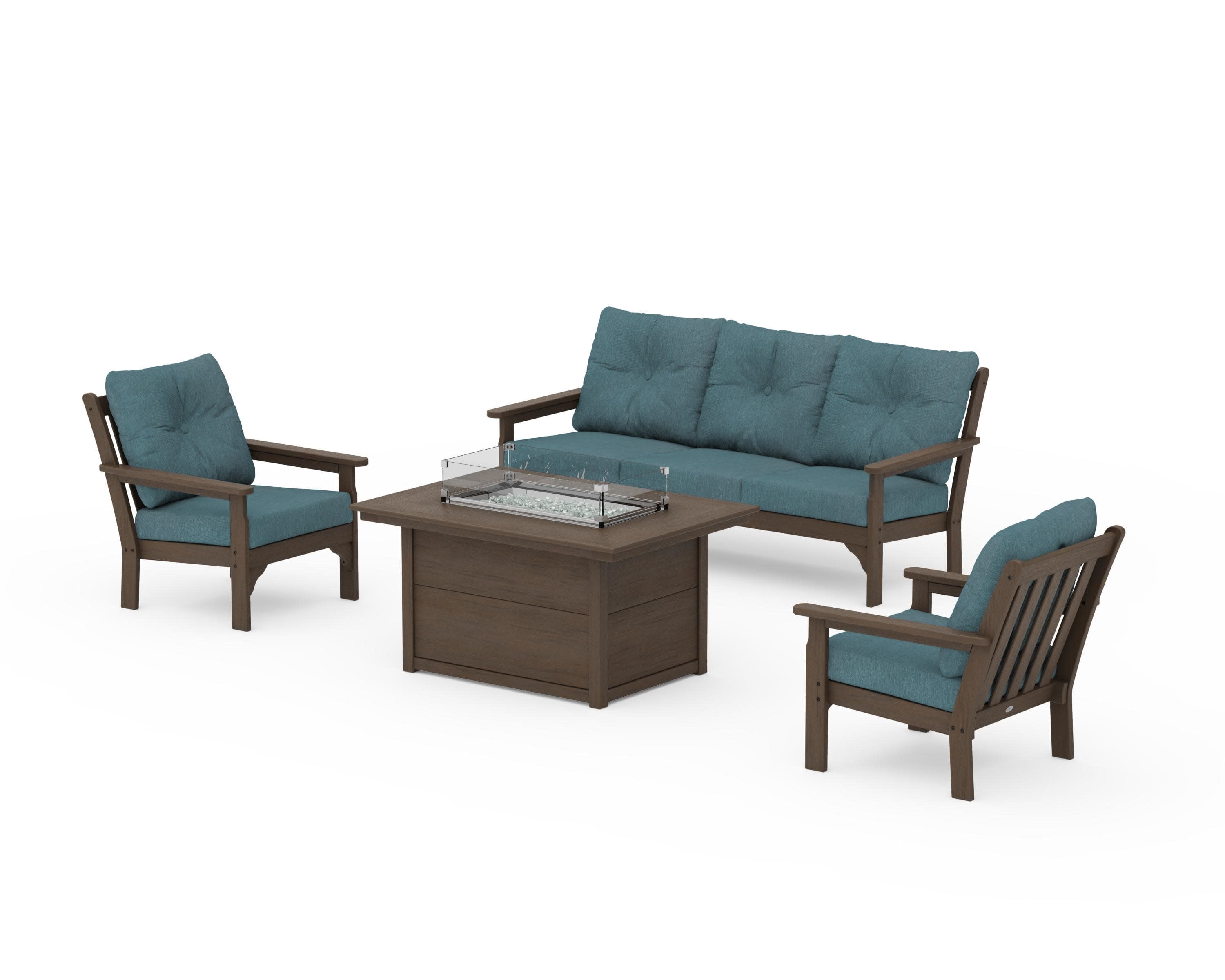 Vineyard Deep Seating Fire Pit Table Set in Kona / Ocean Teal