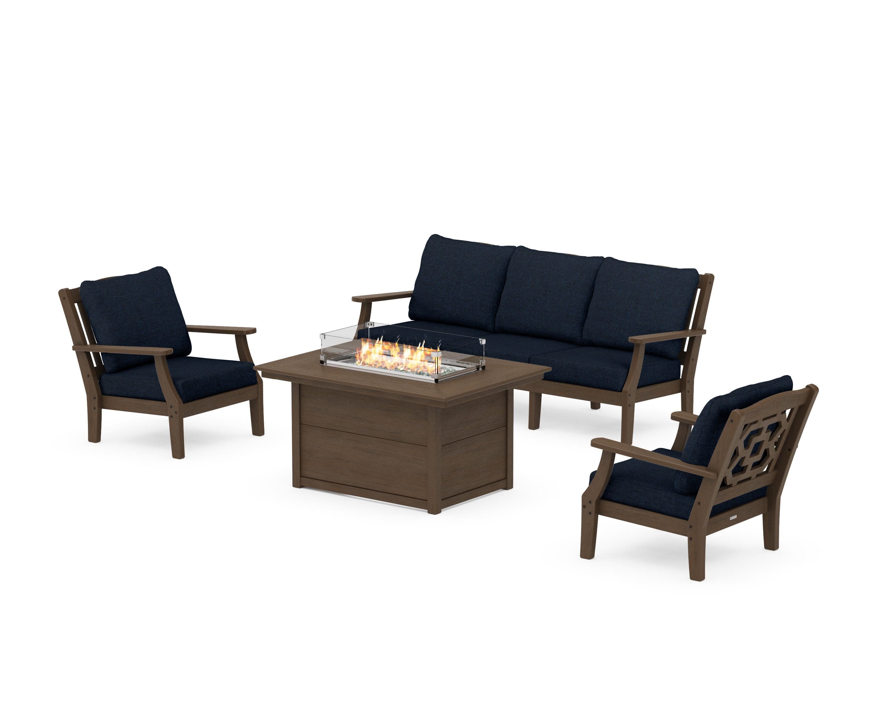 Chinoiserie Deep Seating Fire Pit Table Set in Kona / Marine Indigo