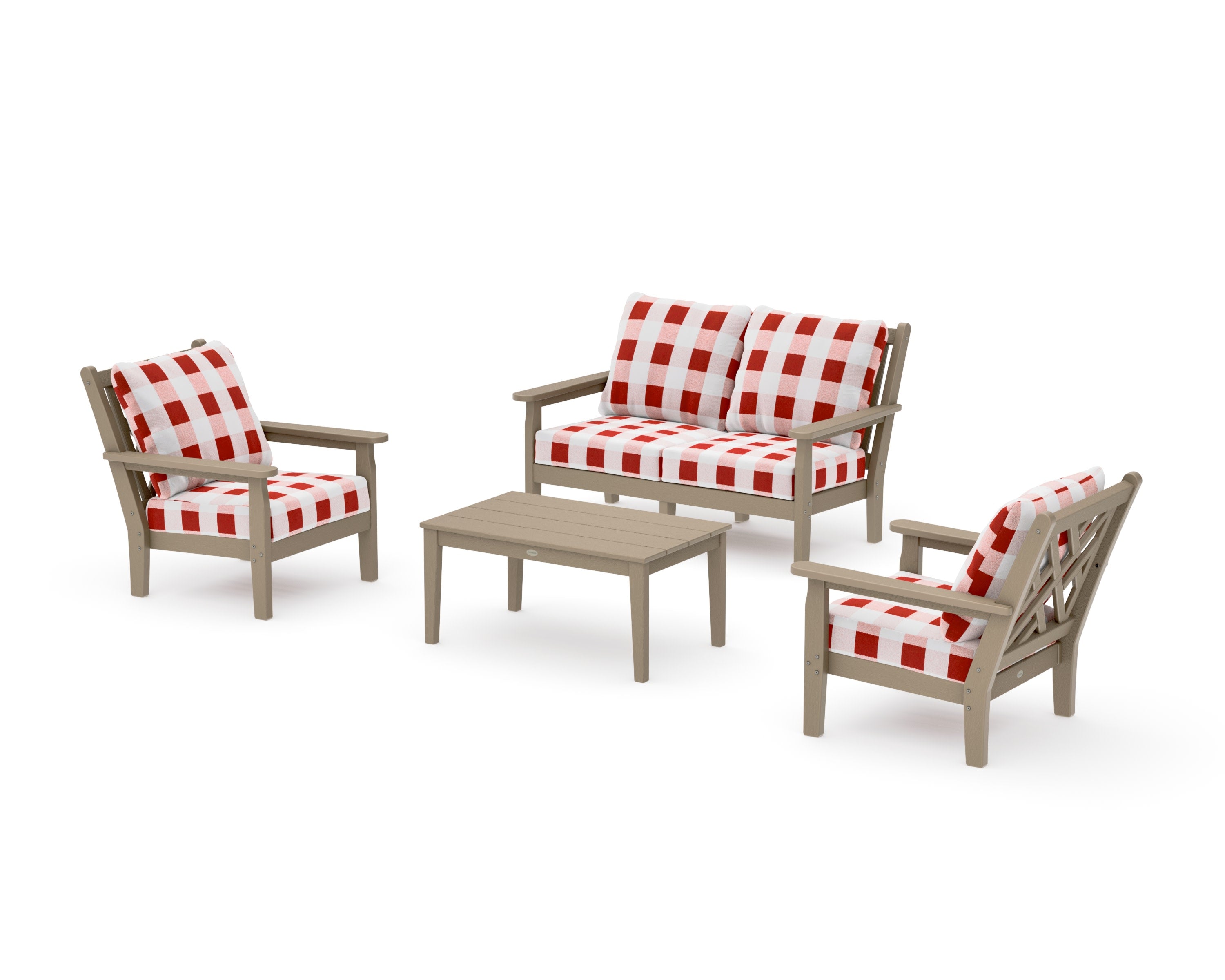 Chippendale 4-Piece Deep Seating Set with Loveseat in Vintage Sahara / Buffalo Plaid Crimson