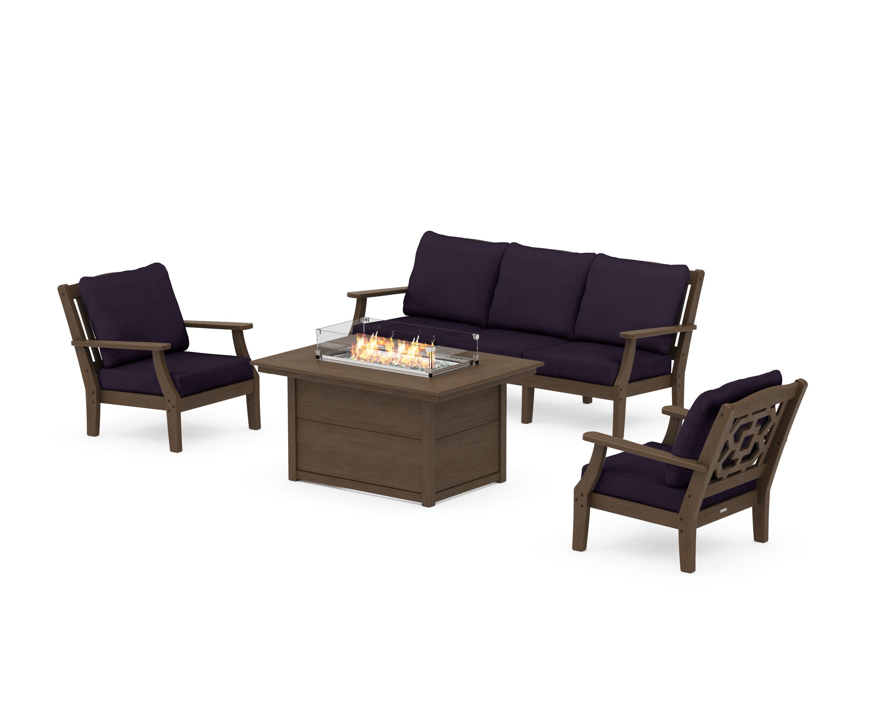 Chinoiserie Deep Seating Fire Pit Table Set in Kona / Navy Linen