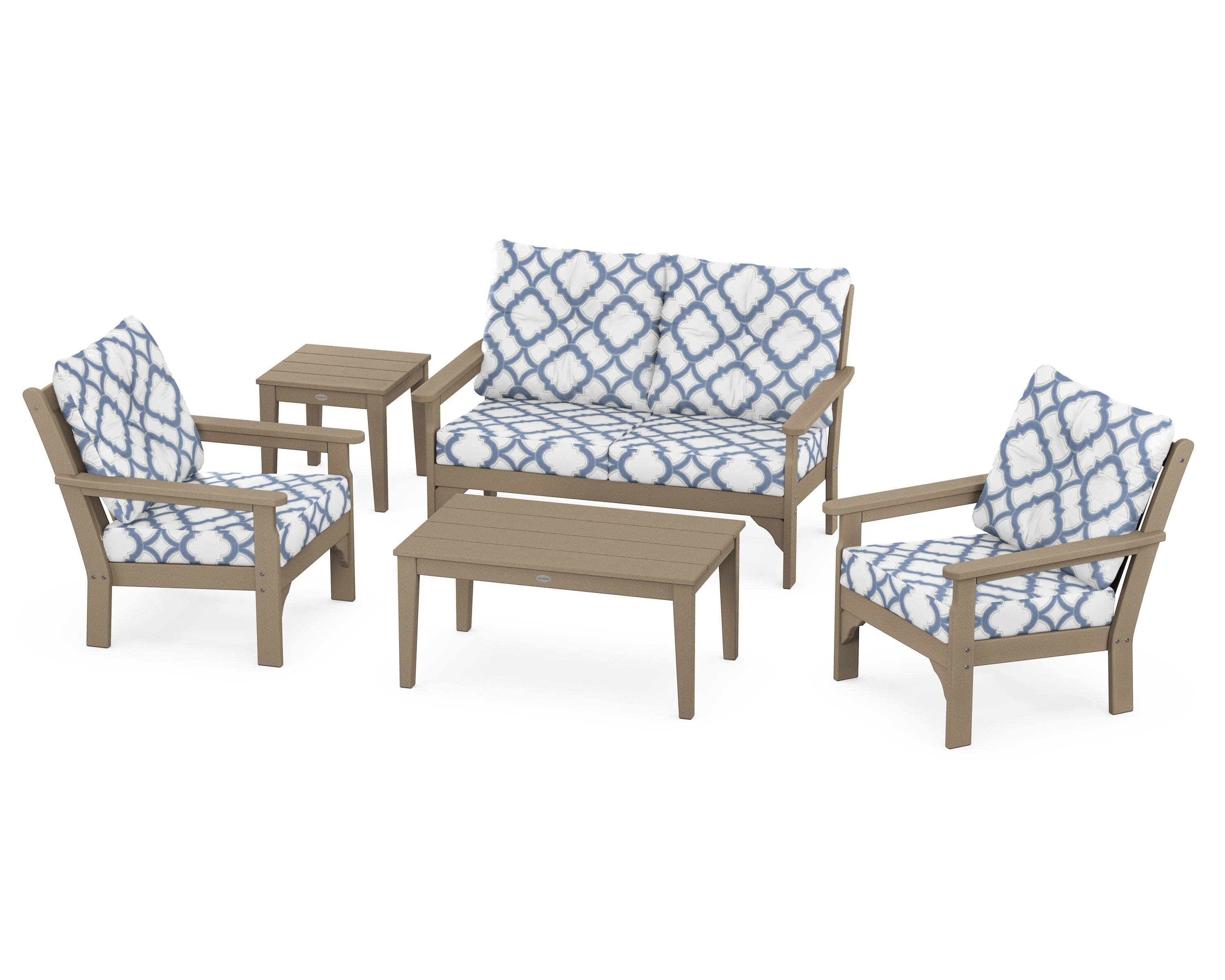 Vineyard 5-Piece Deep Seating Set in Vintage Sahara / Trellis Sky Blue