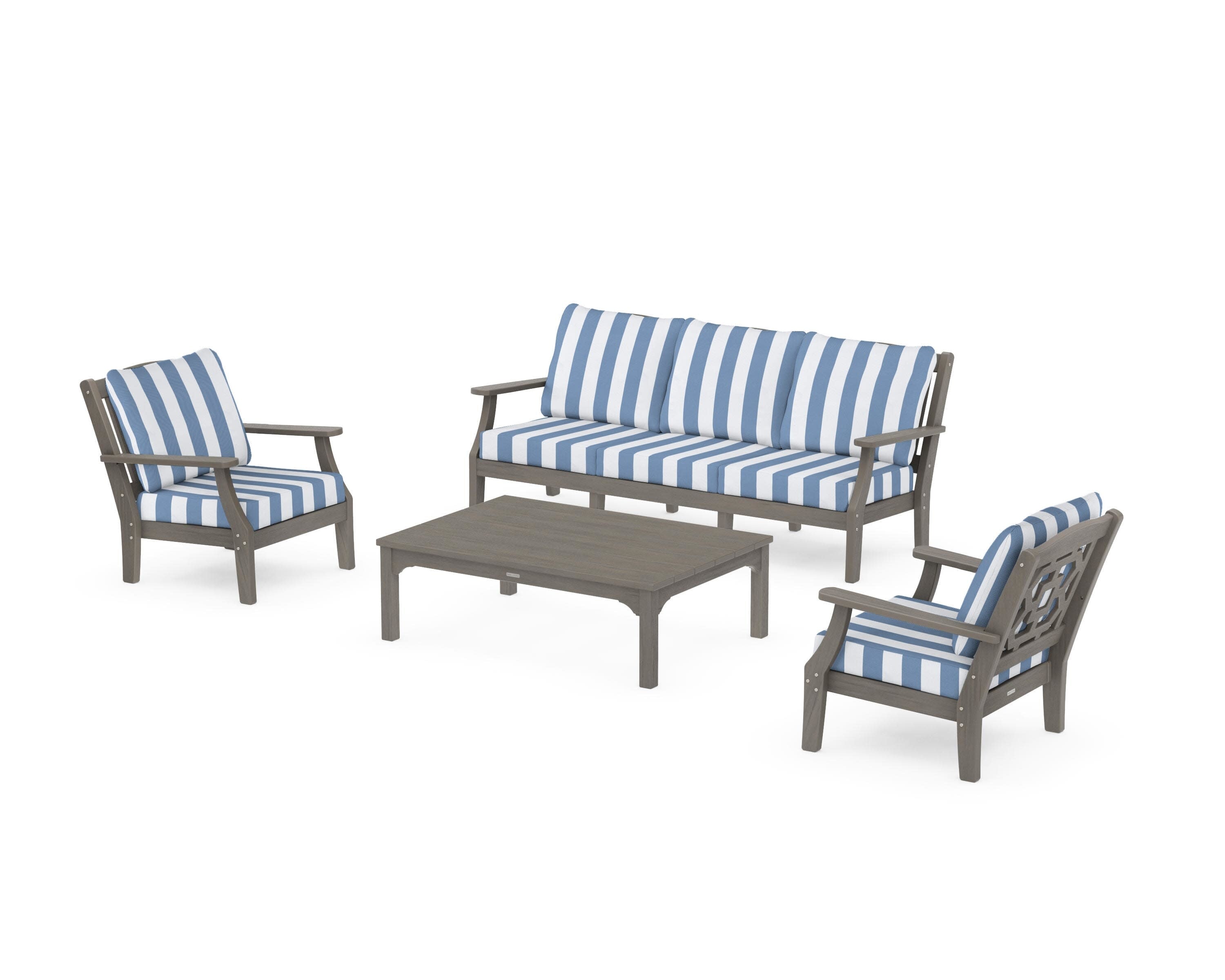 Chinoiserie 4-Piece Deep Seating Set with Sofa in Driftwood / Cabana Stripe Sky Blue