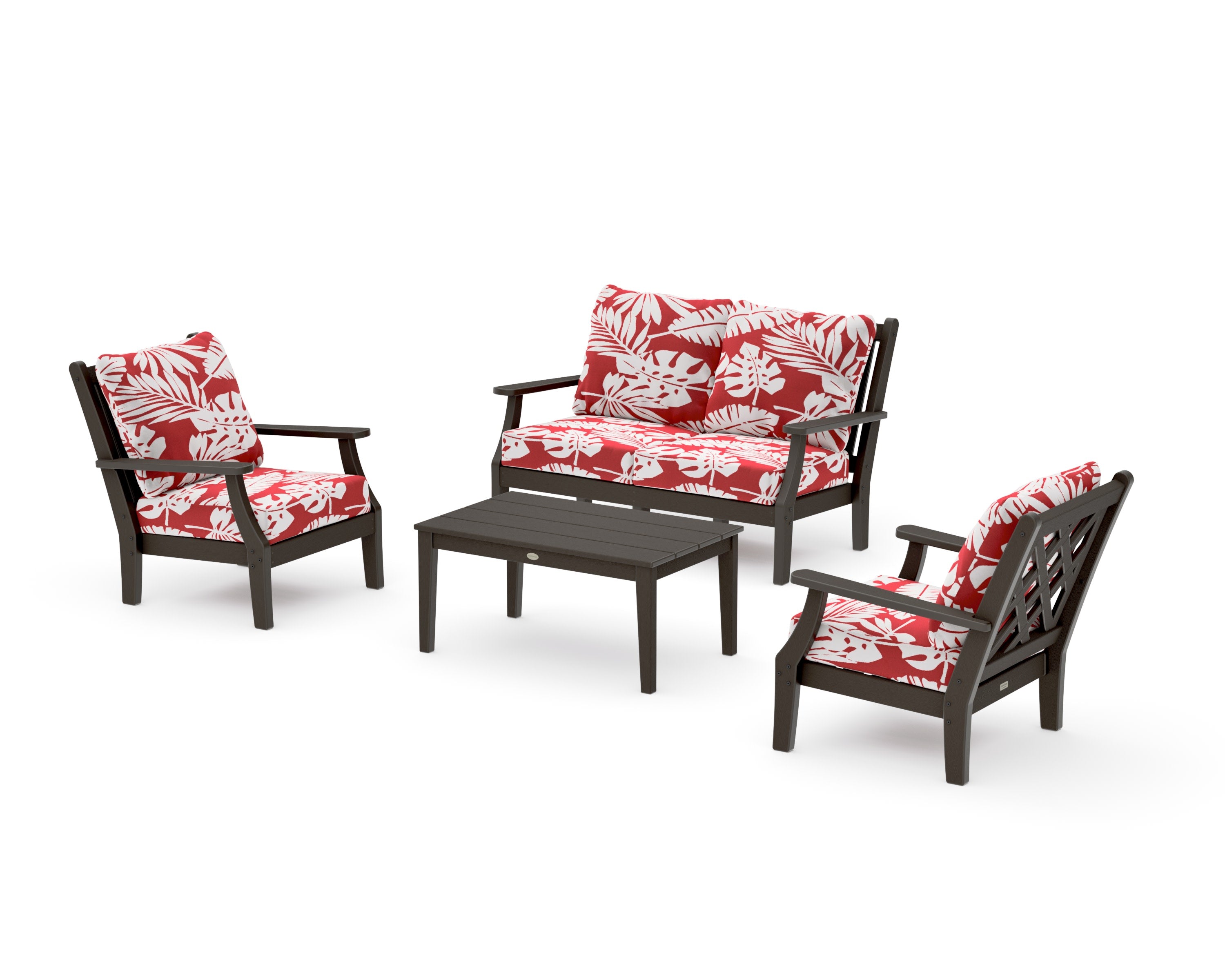 Wovendale 4-Piece Deep Seating Set with Loveseat in Vintage Coffee / Leaf Crimson