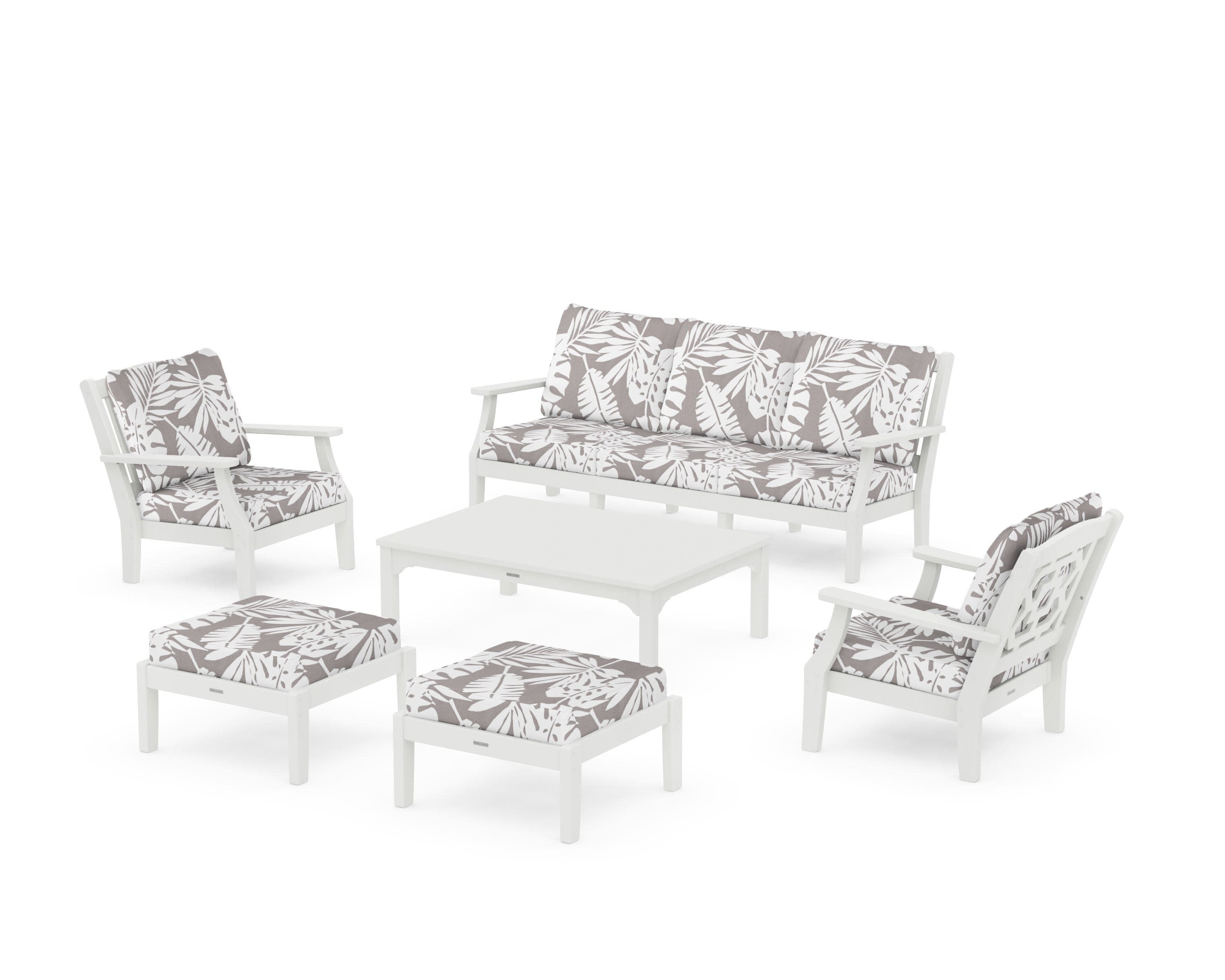 Chinoiserie 6-Piece Lounge Sofa Set in Vintage White / Leaf Grey Mist
