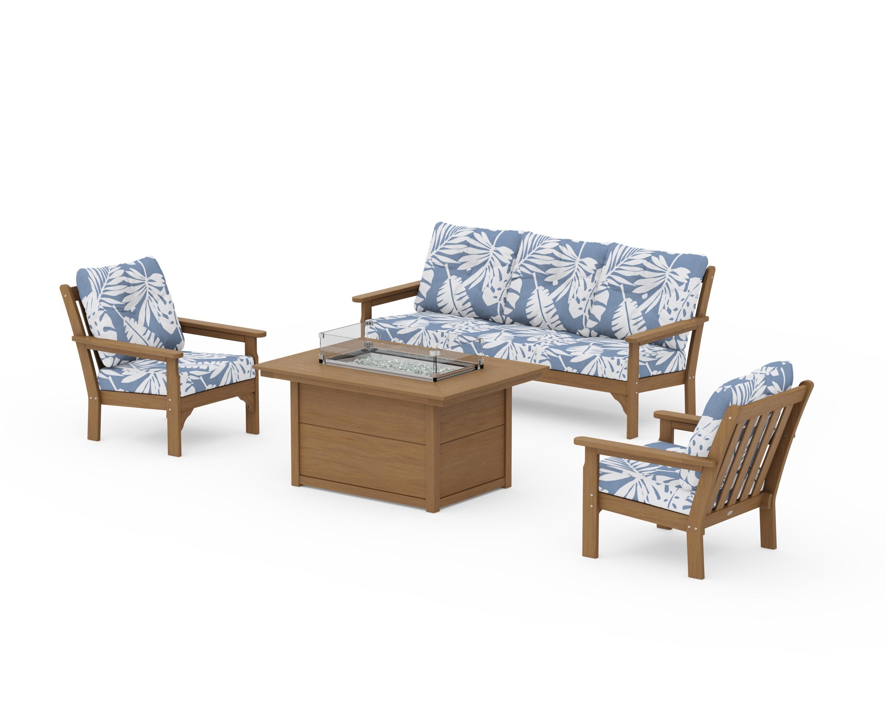 Vineyard Deep Seating Fire Pit Table Set in Natural / Leaf Sky Blue