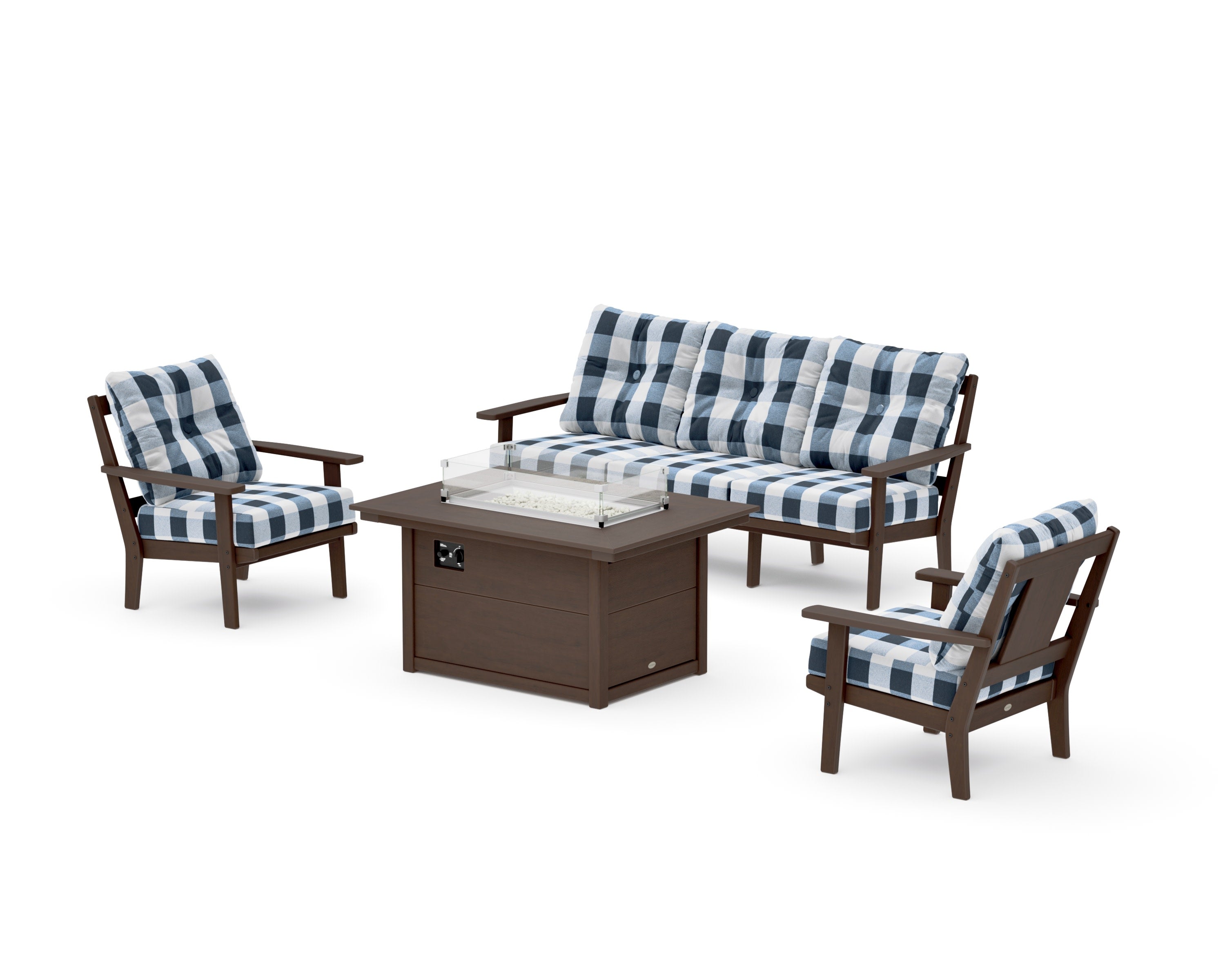 Prairie Deep Seating Fire Pit Table Set in Kona / Buffalo Plaid Marine Indigo