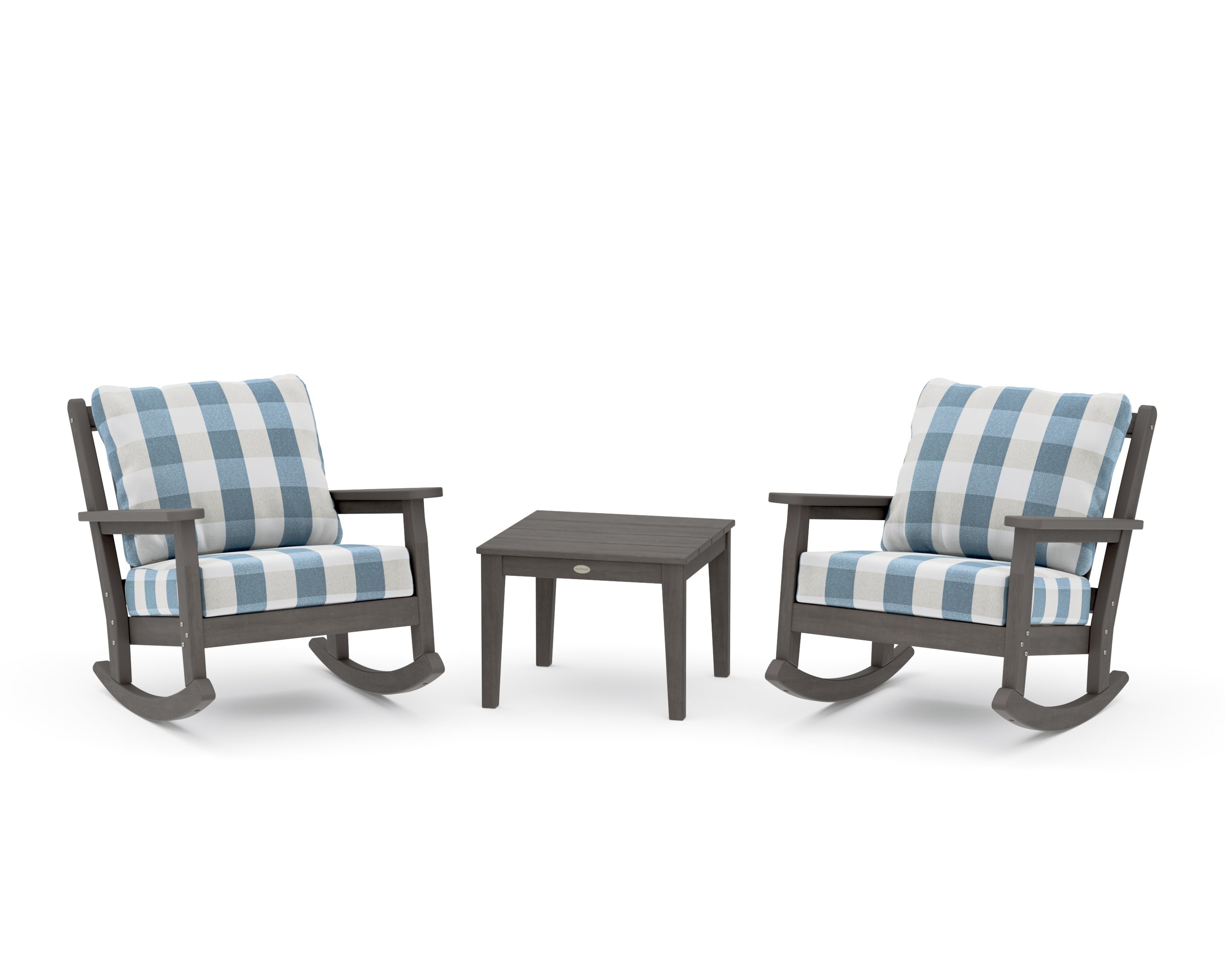 Chippendale 3-Piece Deep Seating Rocker Set in Driftwood / Buffalo Plaid Sky Blue