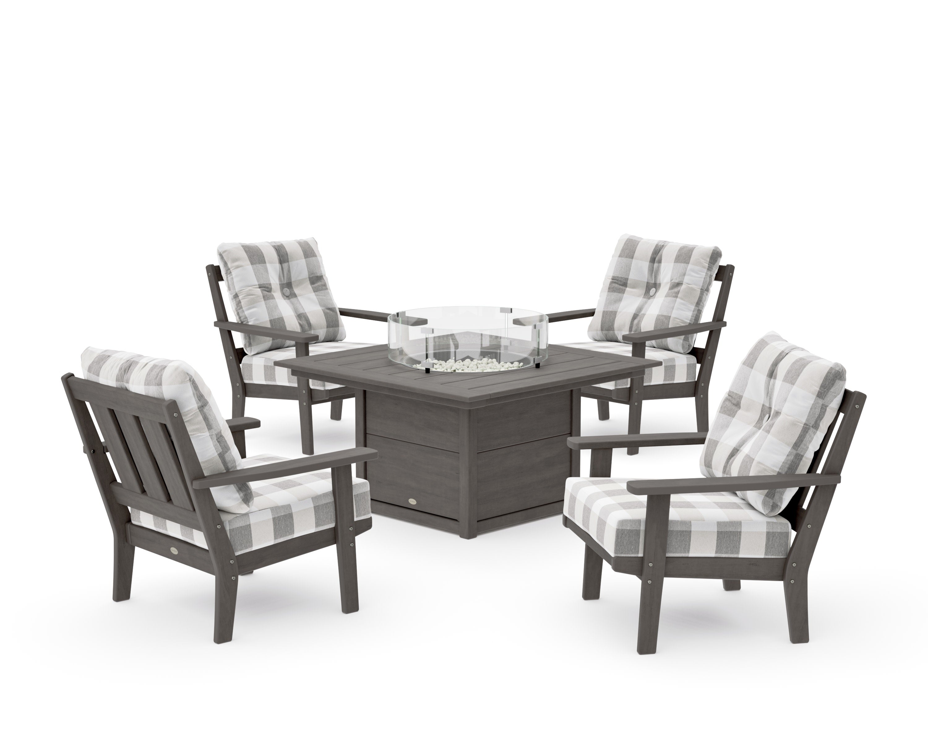 Oxford 5-Piece Deep Seating Set with Fire Pit Table in Driftwood / Buffalo Plaid Grey Mist