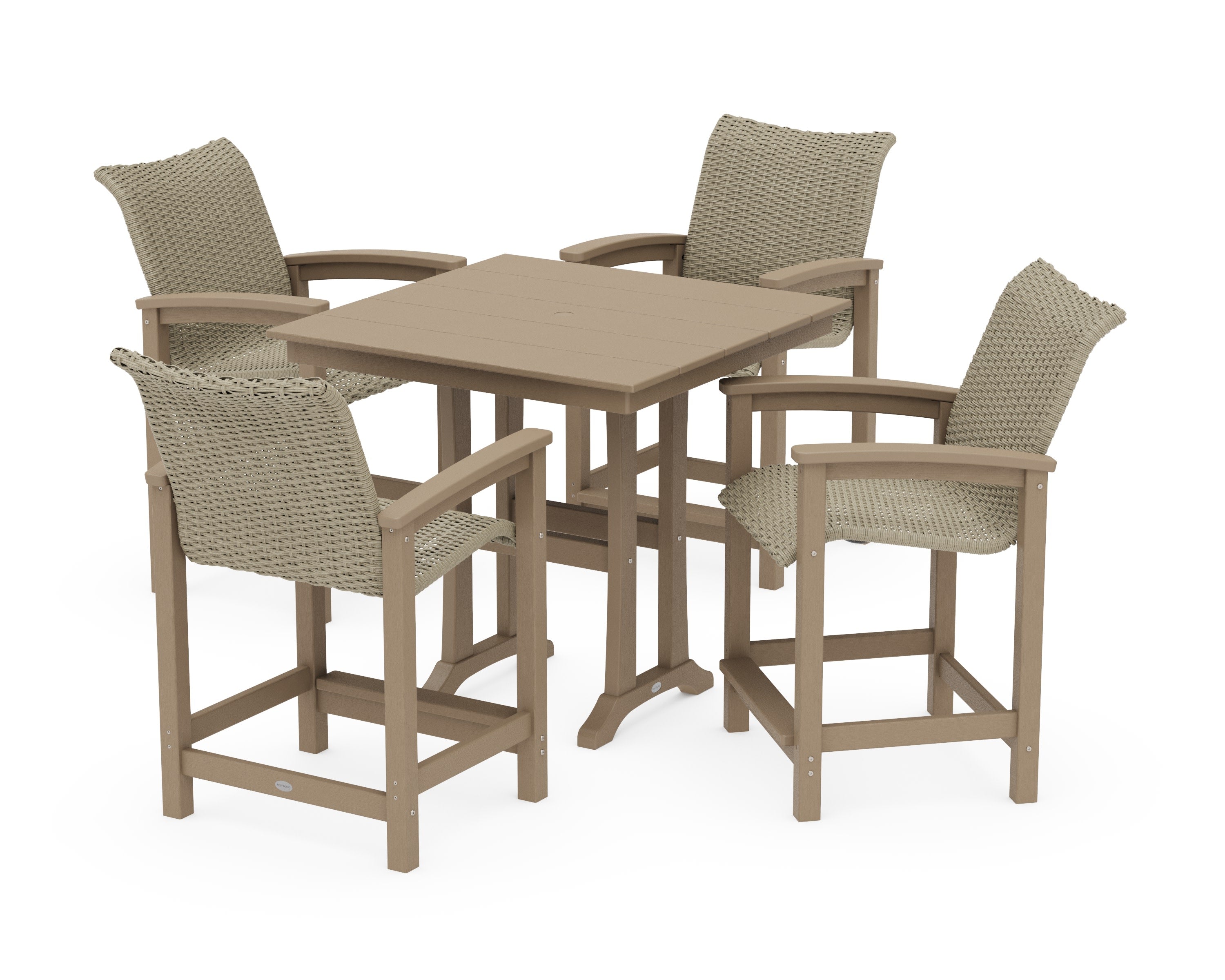 Coastal Woven 5-Piece Farmhouse Counter Set with Trestle Legs in Vintage Sahara / Dune Grass