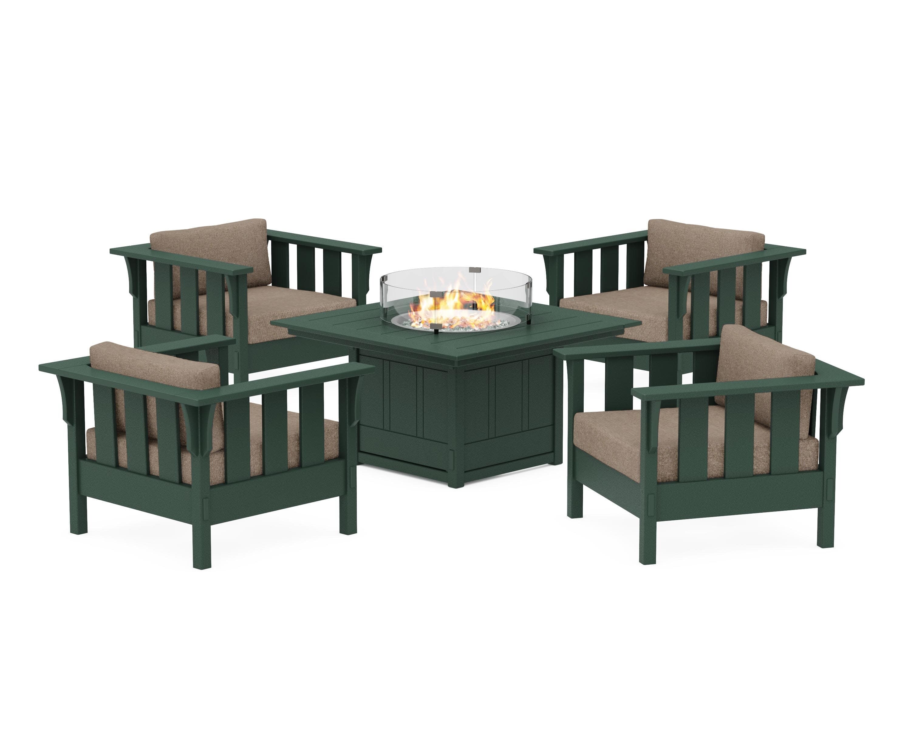 Acadia 5-Piece Deep Seating Set with Fire Pit Table in Green / Spiced Burlap