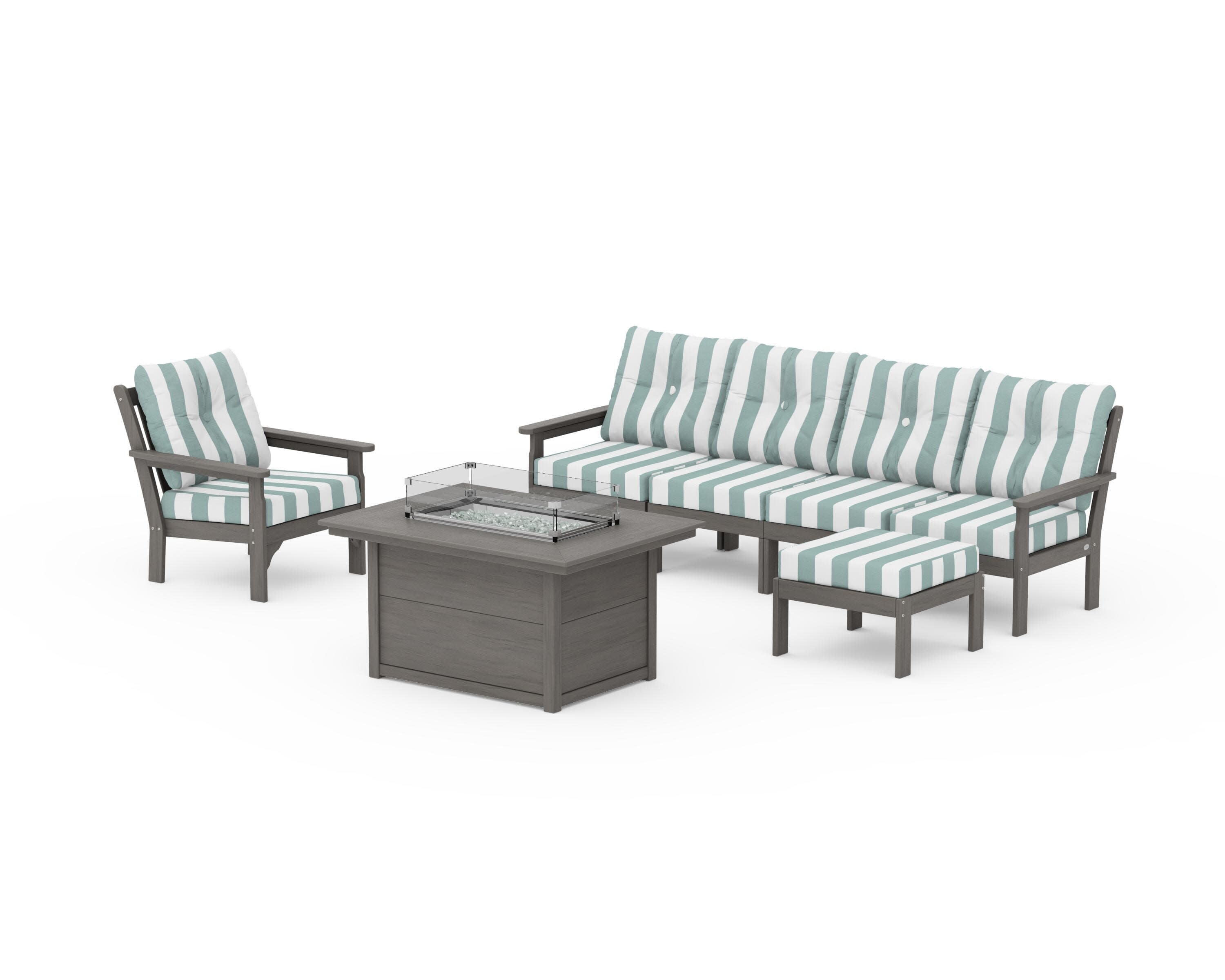 Vineyard Sectional Lounge and Fire Pit Set in Driftwood / Cabana Stripe Glacier Spa