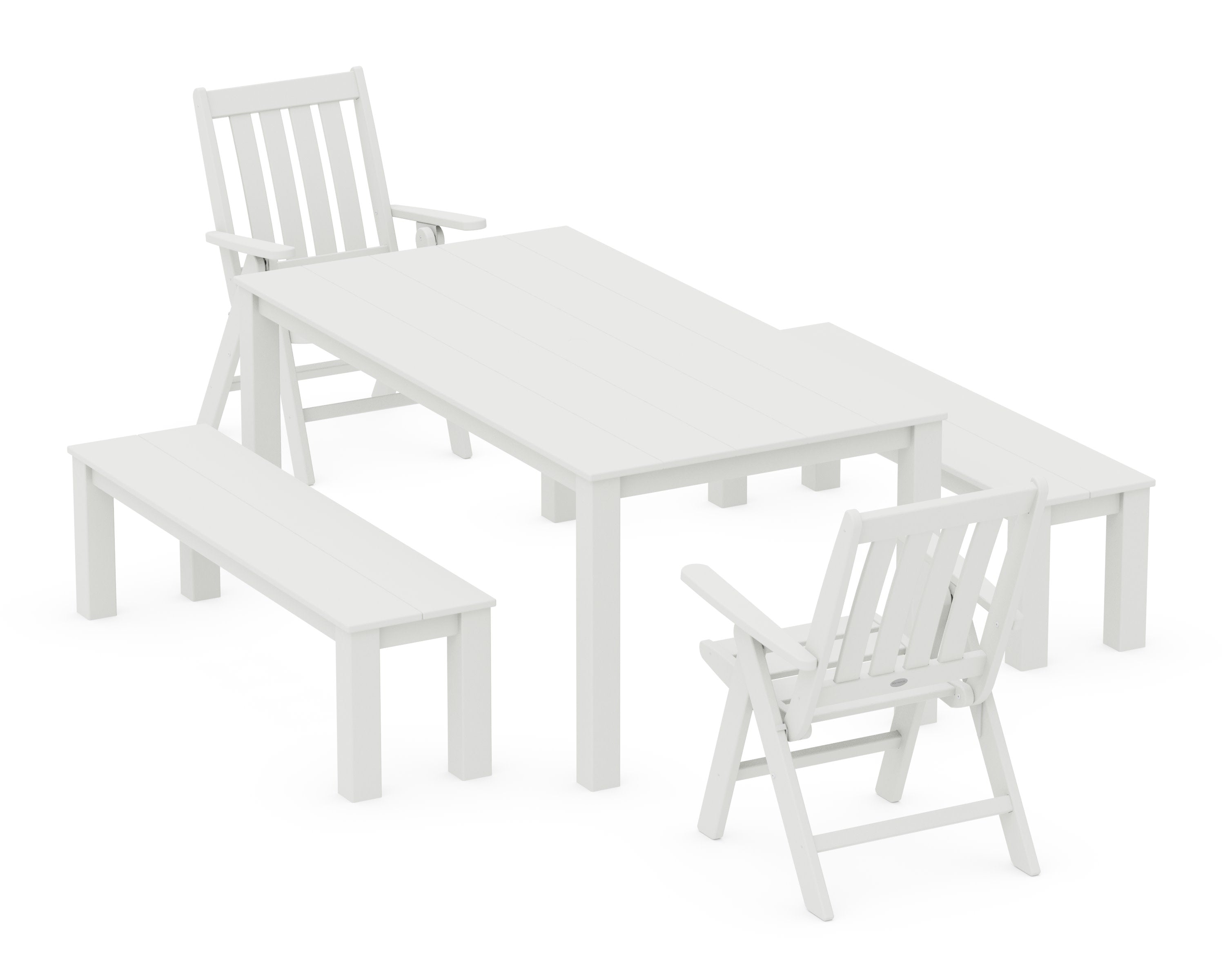 Vineyard Folding Chair 5-Piece Parsons Dining Set with Benches in Vintage White
