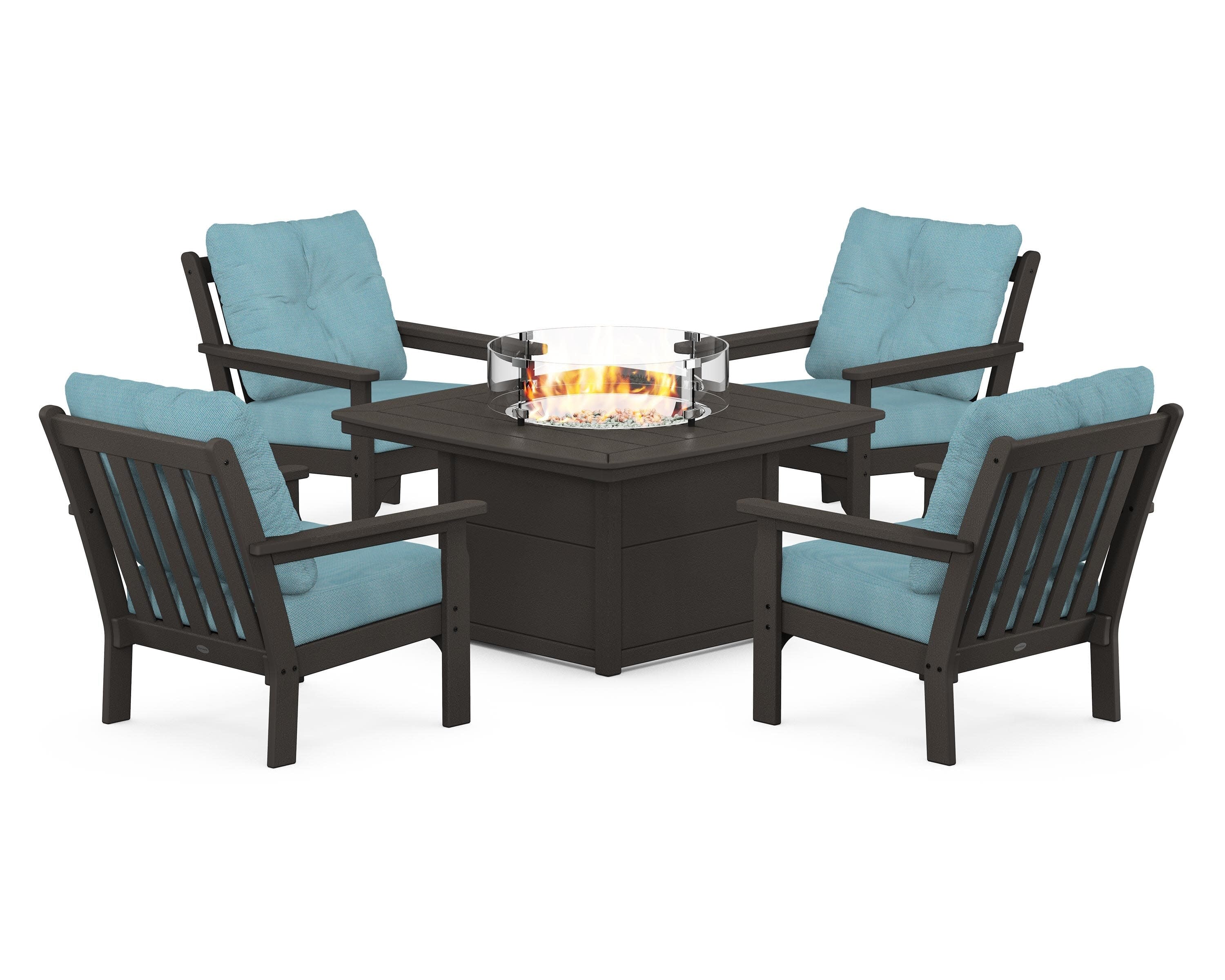 Vineyard 5-Piece Conversation Set with Fire Pit Table in Vintage Coffee / Lattice Sky Blue