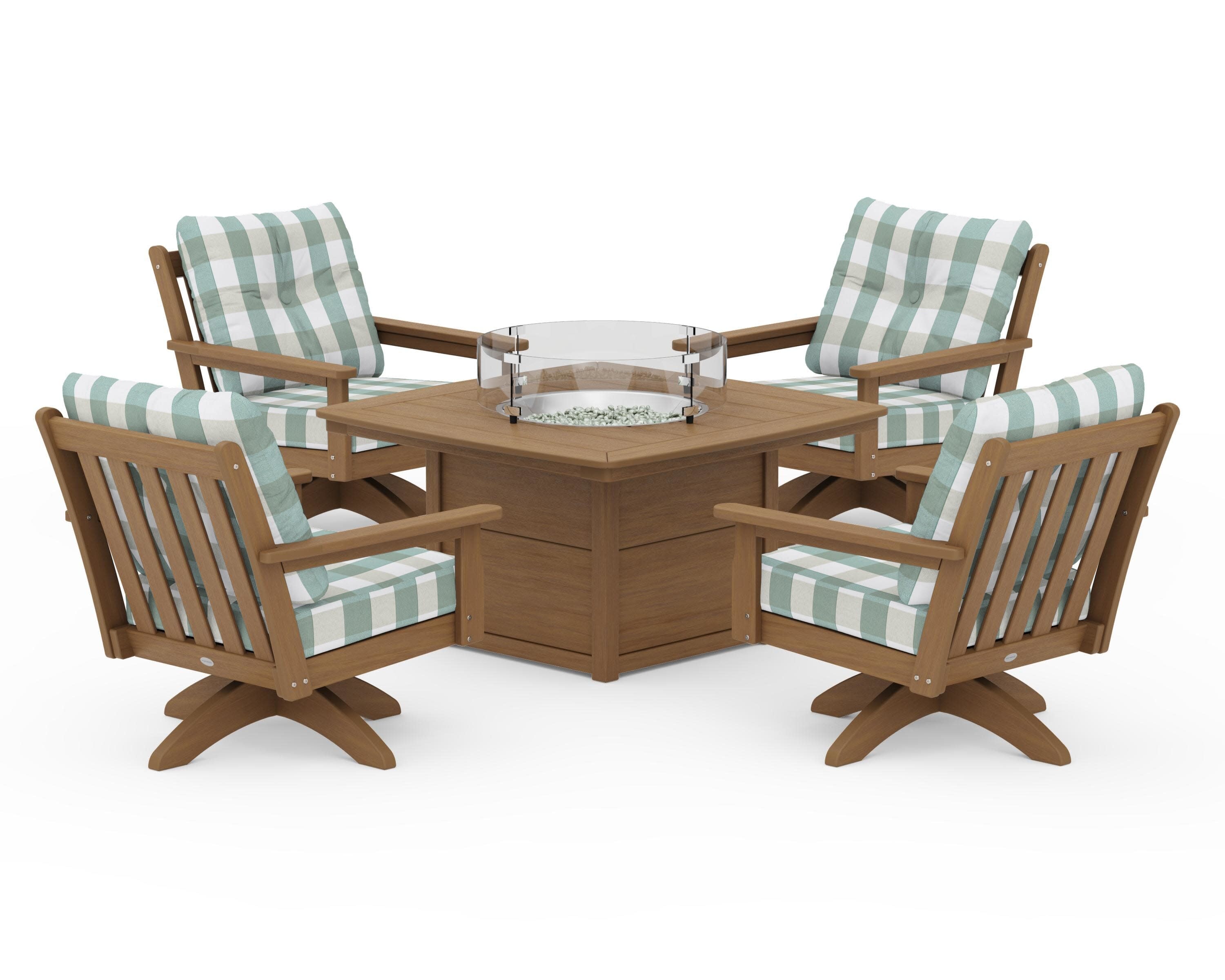 Vineyard 5-Piece Deep Seating Swivel Conversation Set with Fire Pit Table in Natural / Buffalo Plaid Glacier Spa