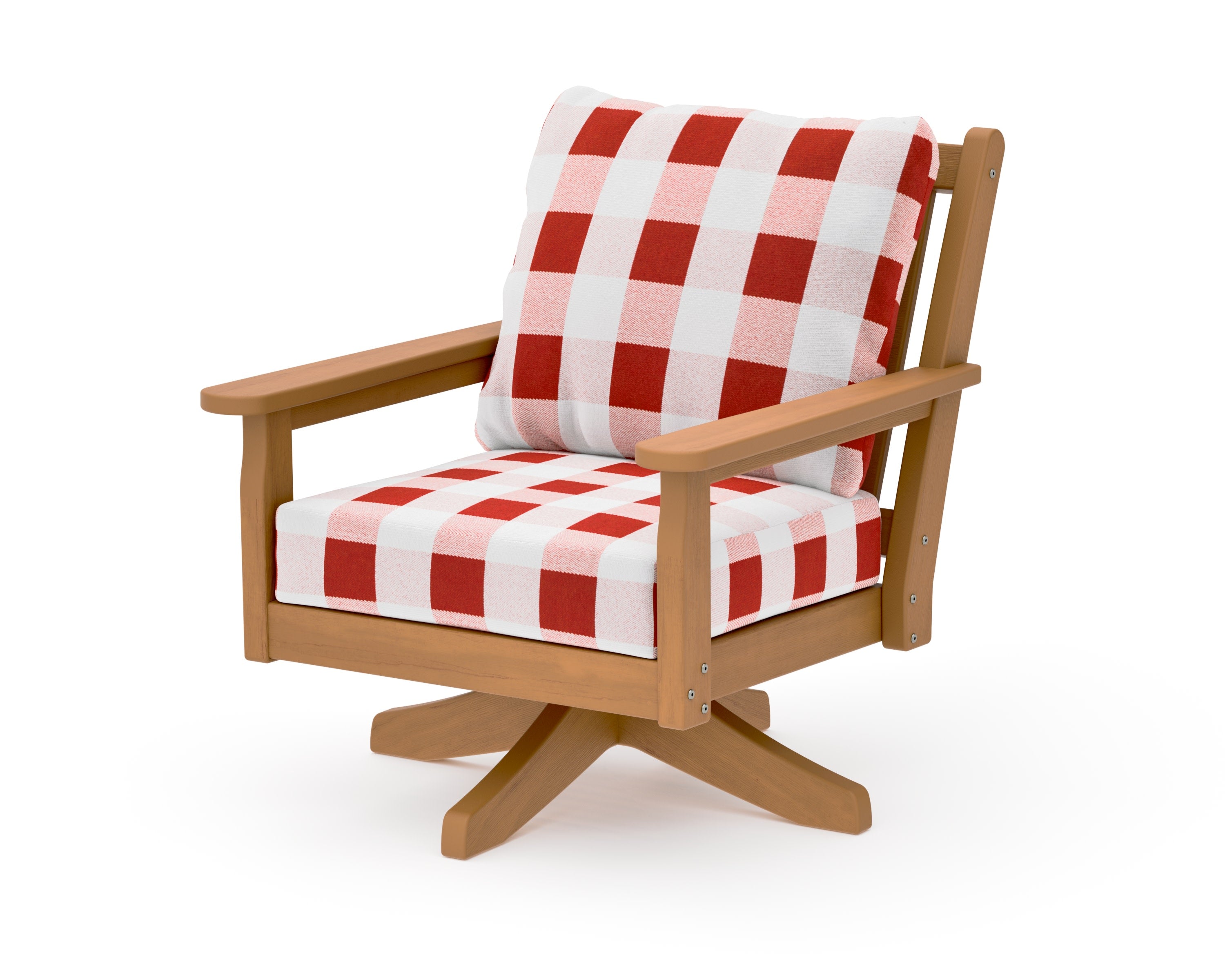 Chippendale Deep Seating Swivel Chair in Natural / Buffalo Plaid Crimson