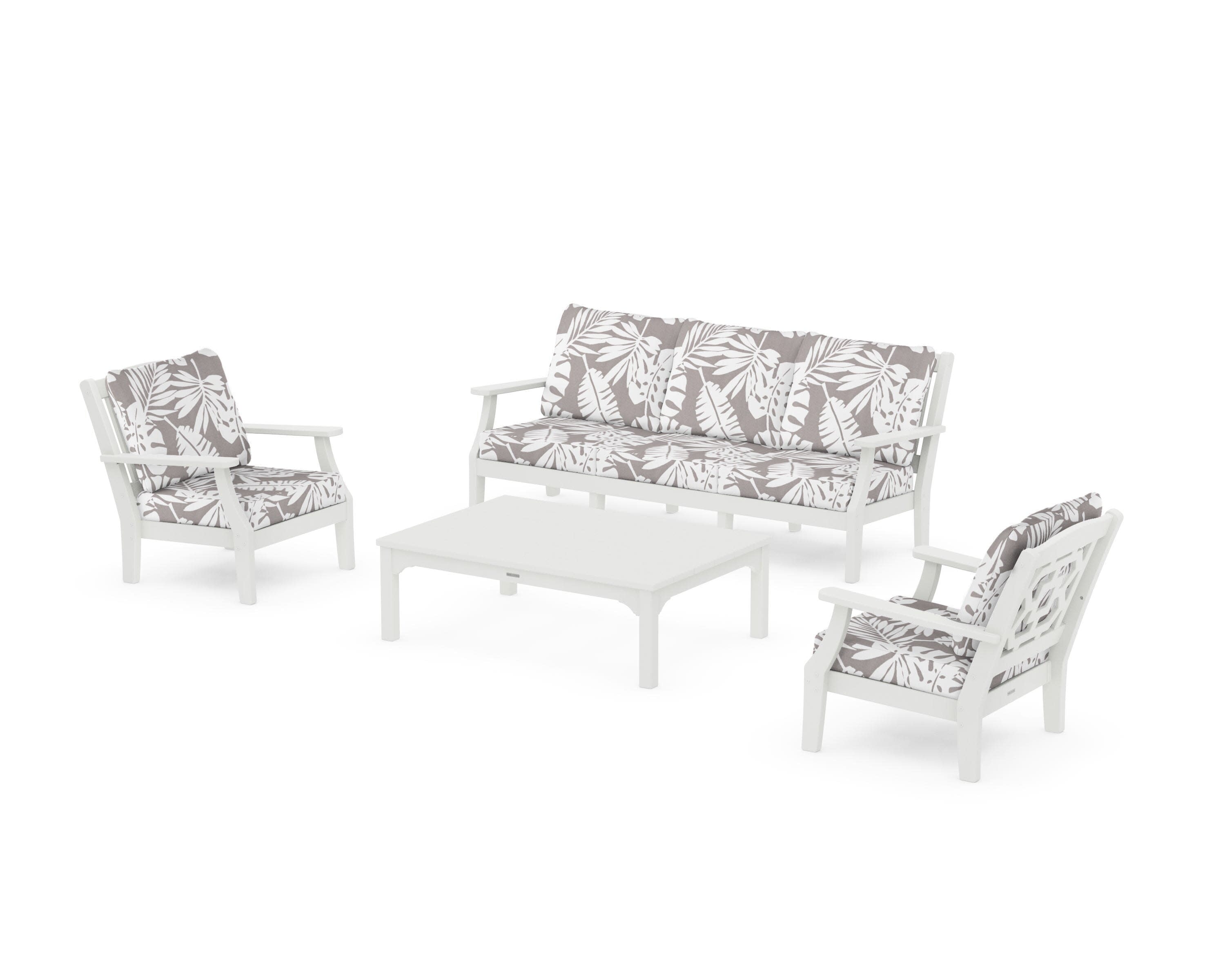 Chinoiserie 4-Piece Deep Seating Set with Sofa in Vintage White / Leaf Grey Mist