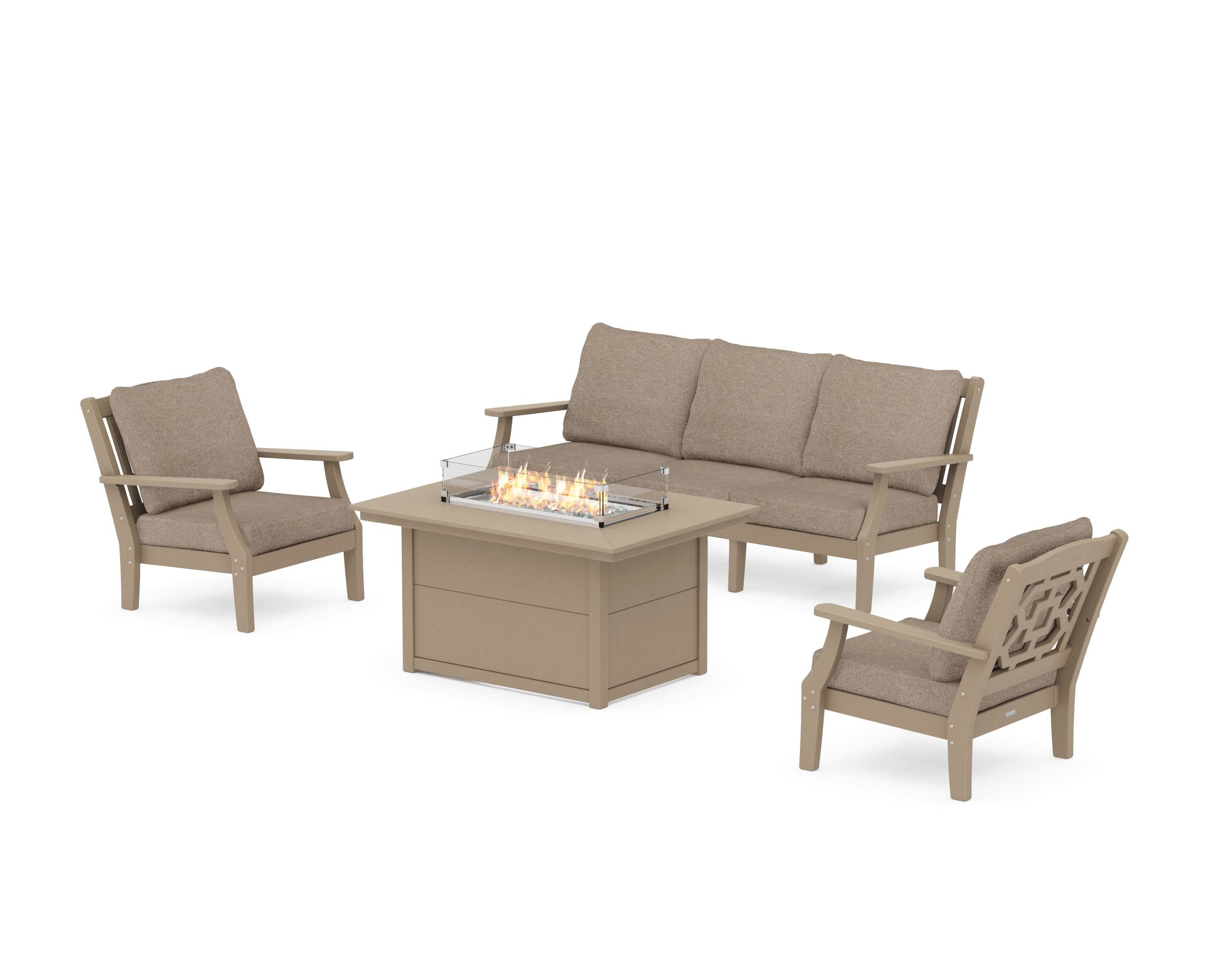 Chinoiserie Deep Seating Fire Pit Table Set in Vintage Sahara / Spiced Burlap