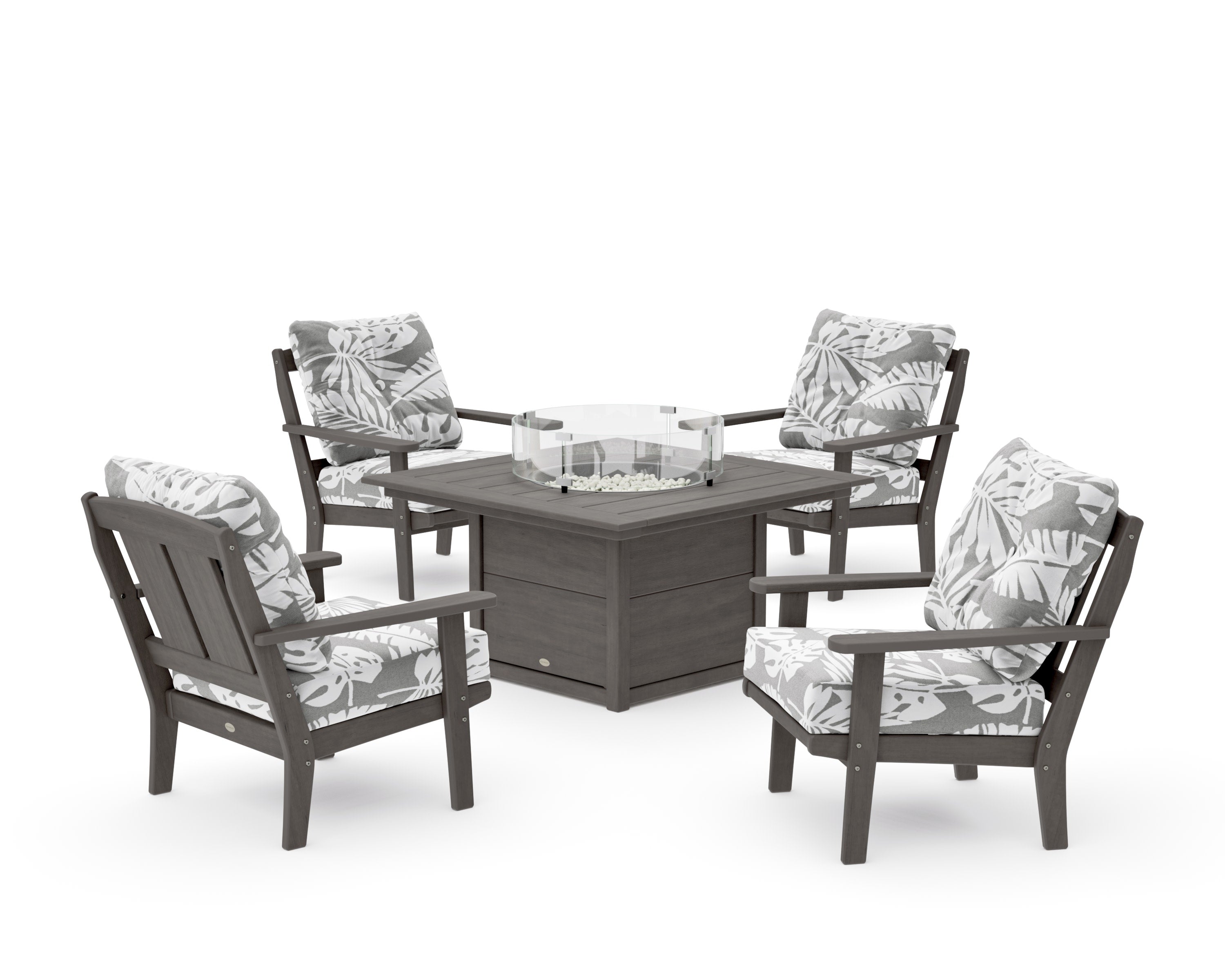 Mission 5-Piece Deep Seating Set with Fire Pit Table in Driftwood / Leaf Grey Mist