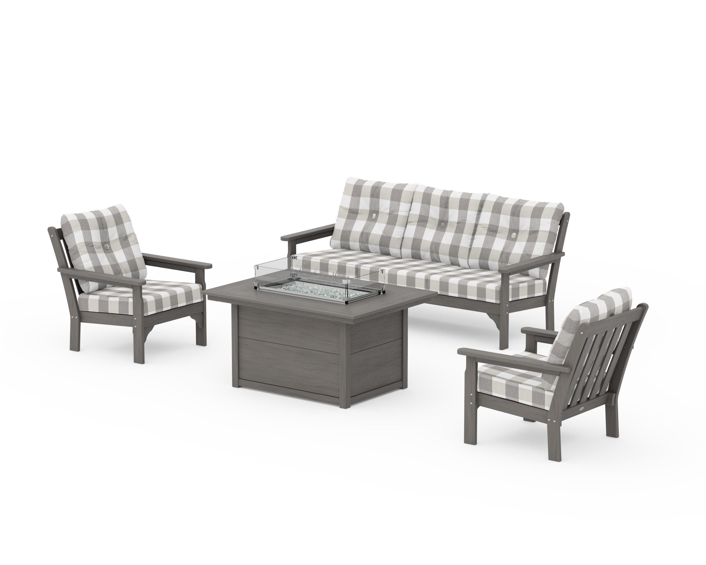 Vineyard Deep Seating Fire Pit Table Set in Driftwood / Buffalo Plaid Grey Mist