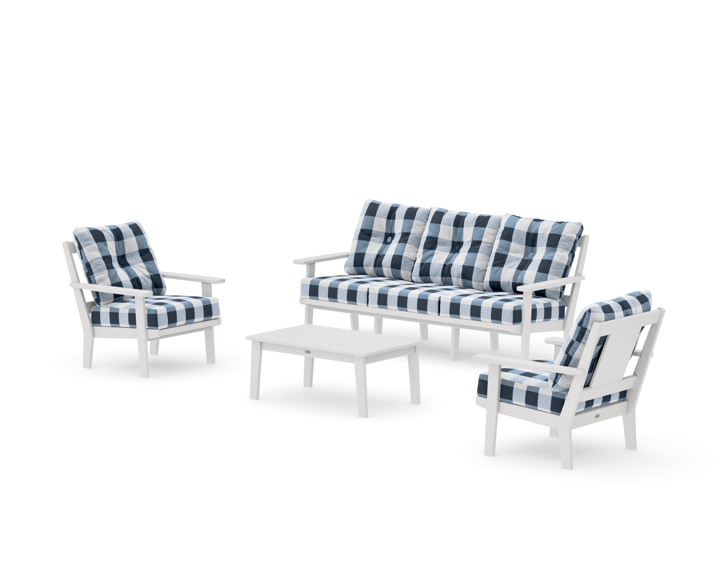 Prairie 4-Piece Deep Seating Set with Sofa in Vintage White / Buffalo Plaid Marine Indigo