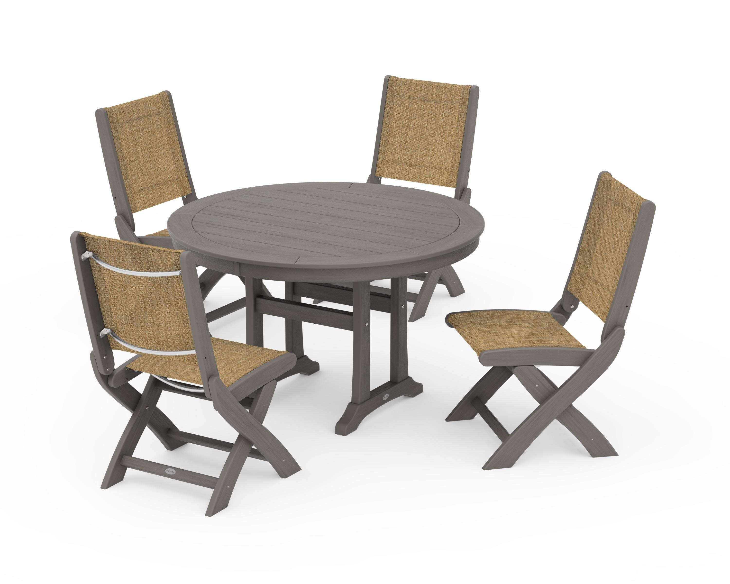 Coastal Folding Side Chair 5-Piece Round Dining Set With Trestle Legs in Driftwood / Burlap Sling