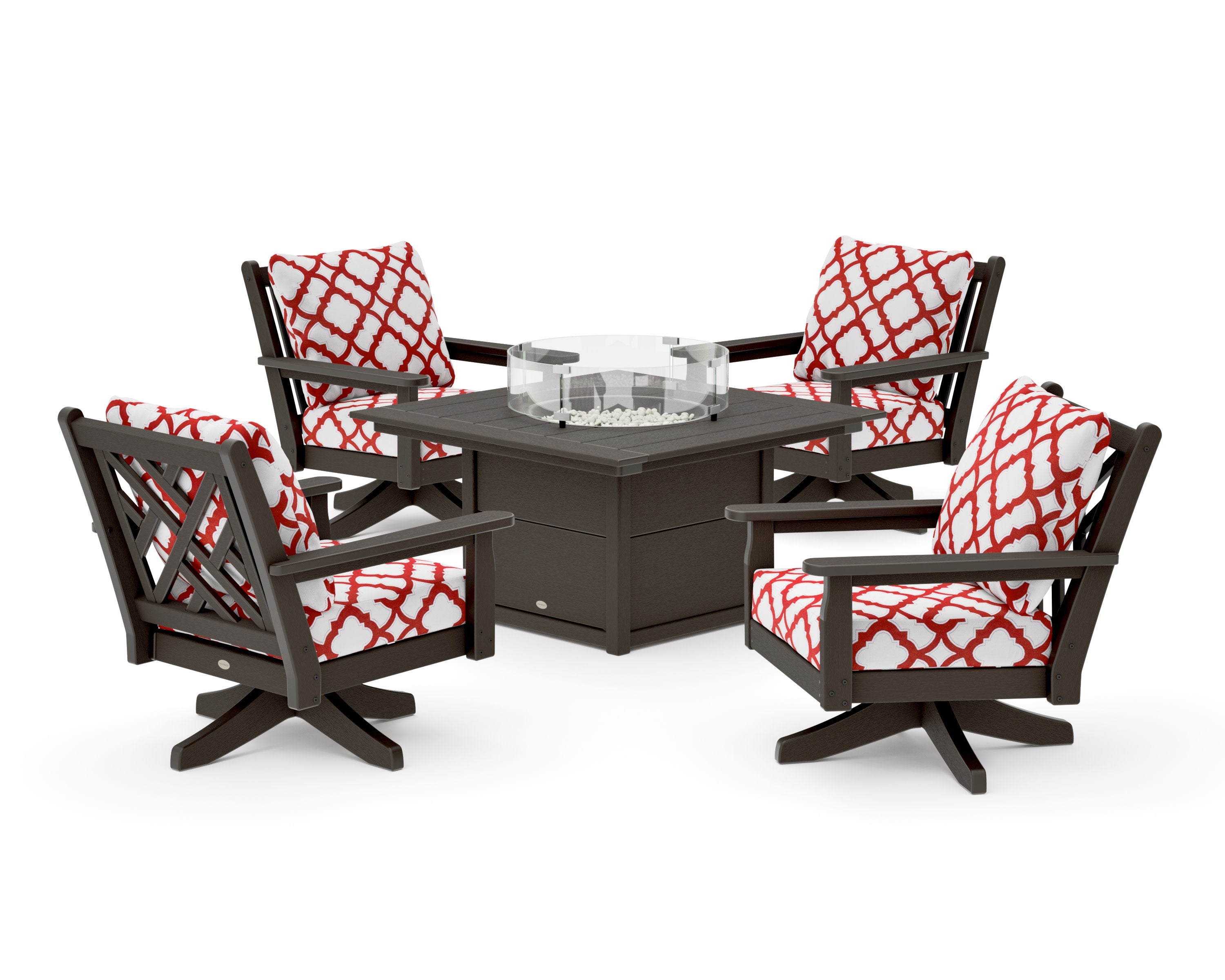 Chippendale 5-Piece Deep Seating Swivel Conversation Set with Fire Pit Table in Vintage Coffee / Trellis Crimson