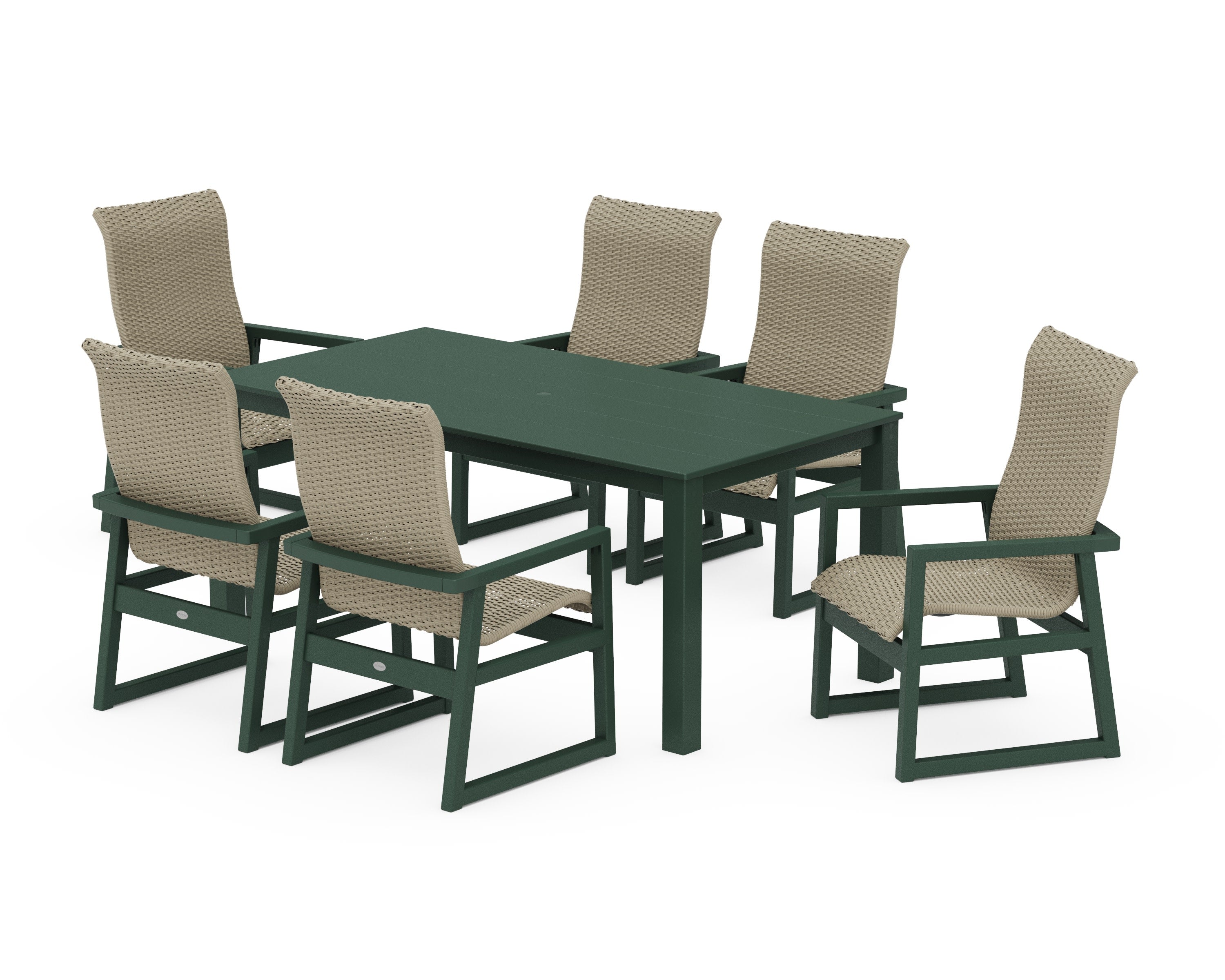 EDGE Woven Highback Arm Chair 7-Piece Parsons Dining Set in Green / Dune Grass