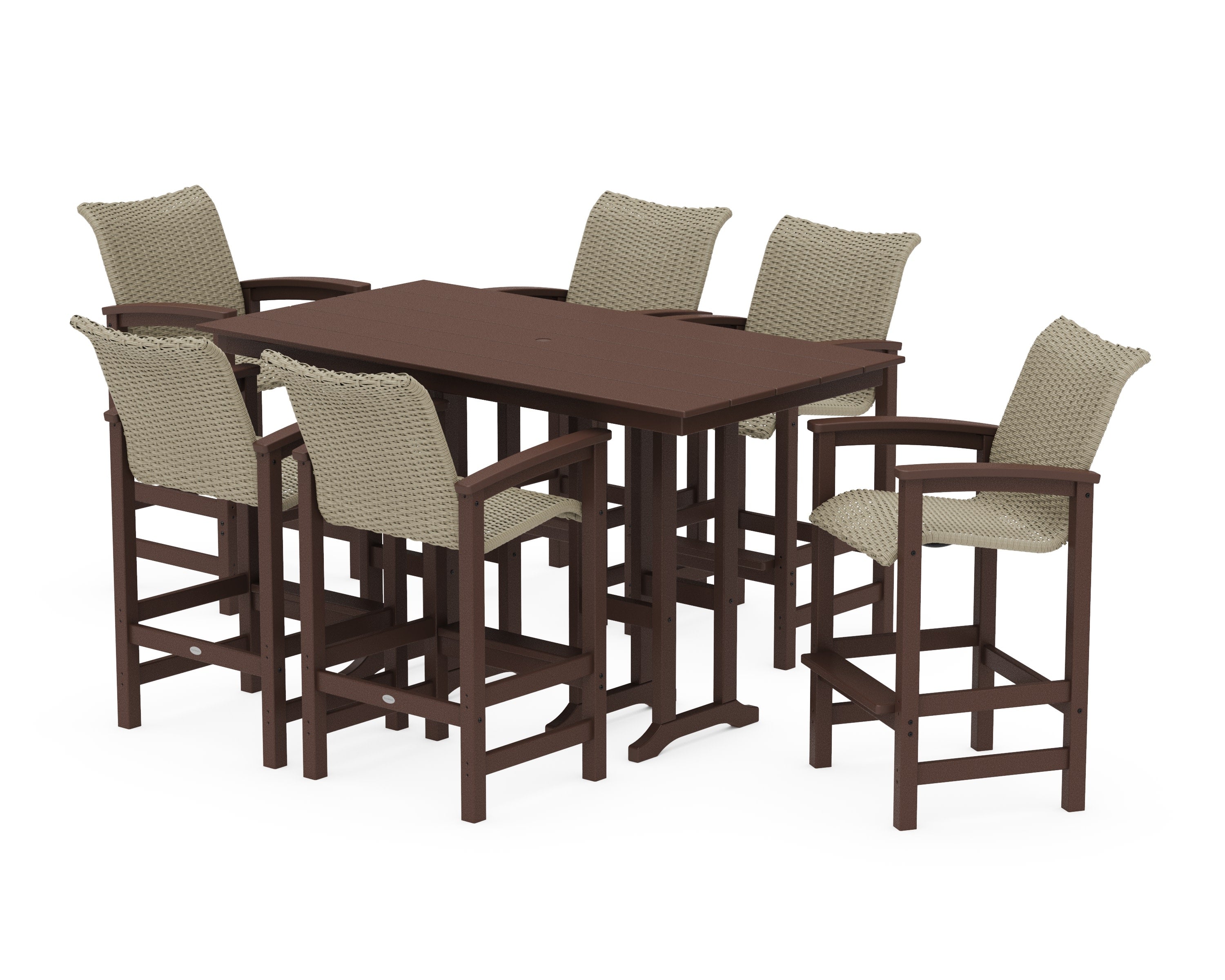 Coastal Woven Arm Chair 7-Piece Farmhouse Bar Set in Mahogany / Dune Grass