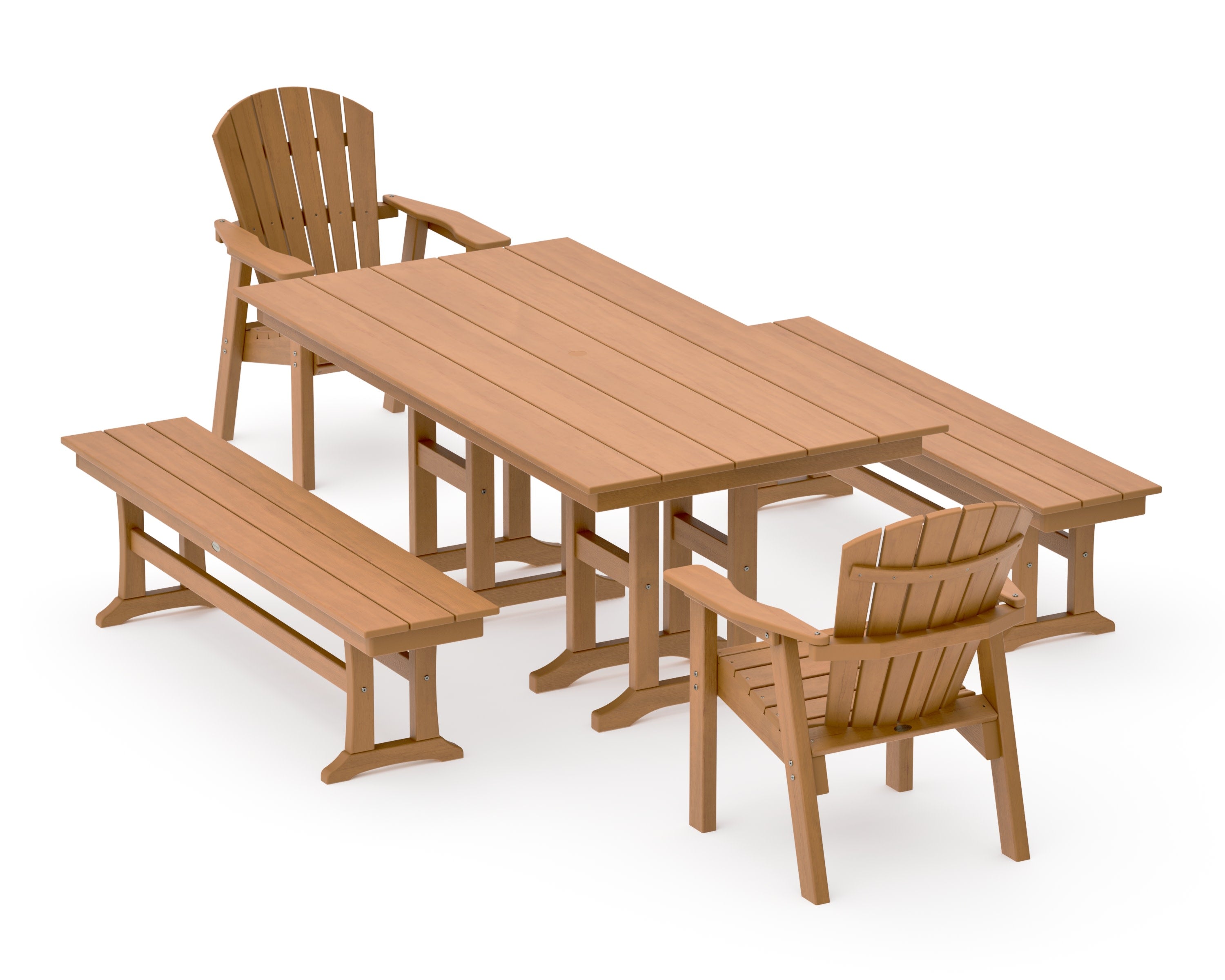 Seashell 5-Piece Farmhouse Dining Set with Benches in Natural