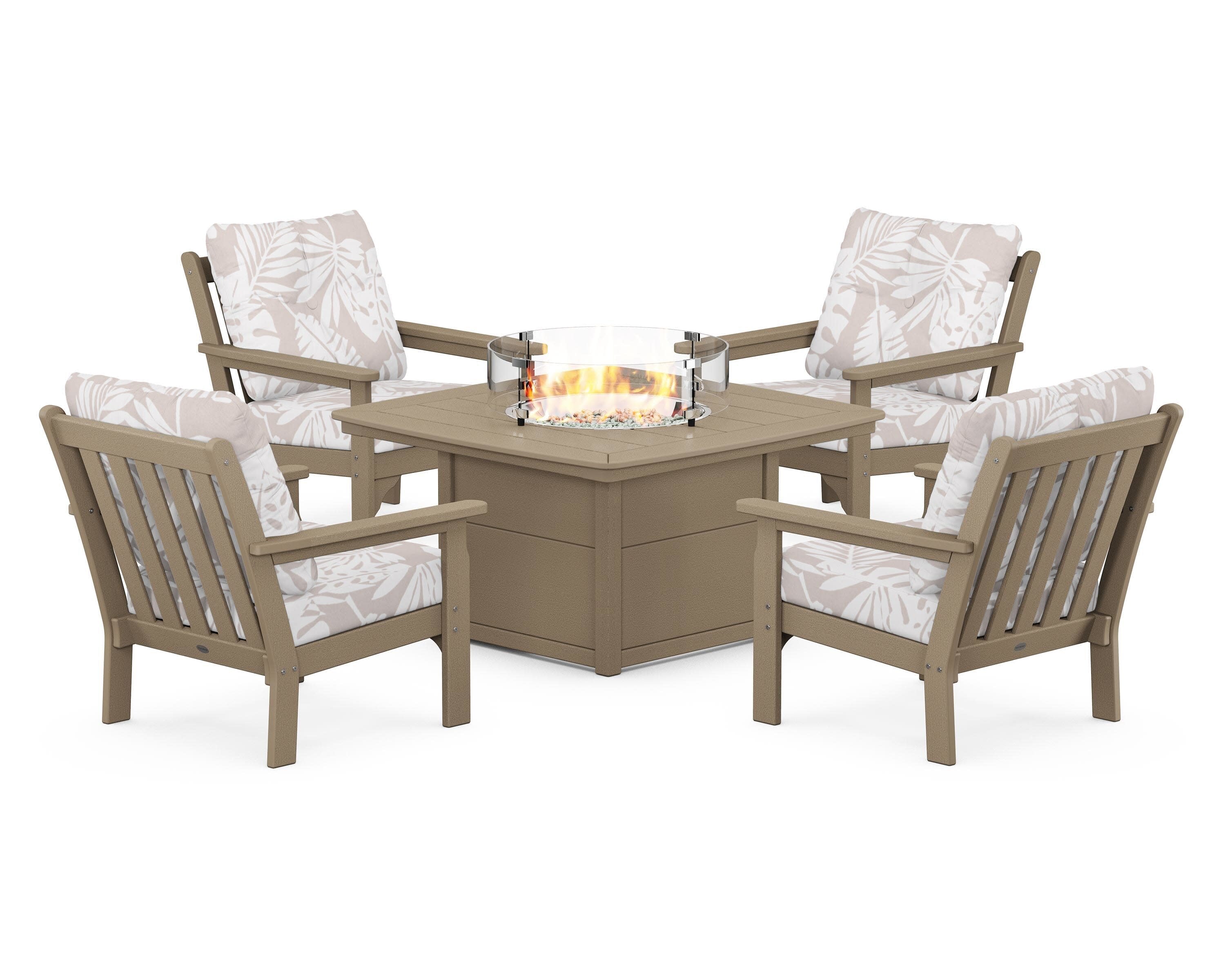 Vineyard 5-Piece Conversation Set with Fire Pit Table in Vintage Sahara / Leaf Dune Burlap
