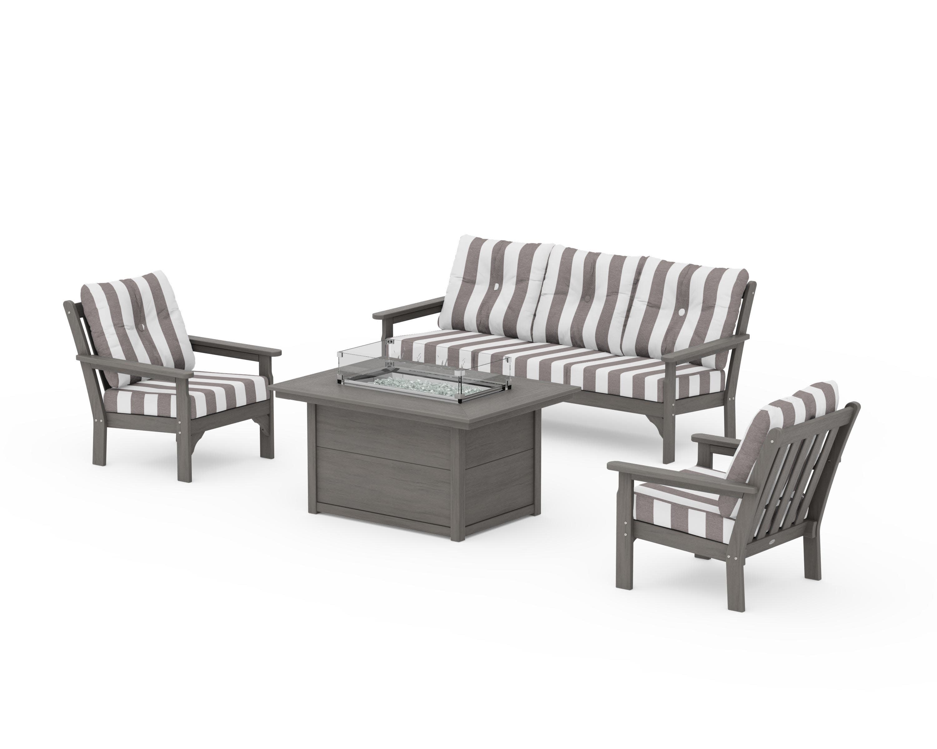 Vineyard Deep Seating Fire Pit Table Set in Driftwood / Cabana Stripe Grey Mist