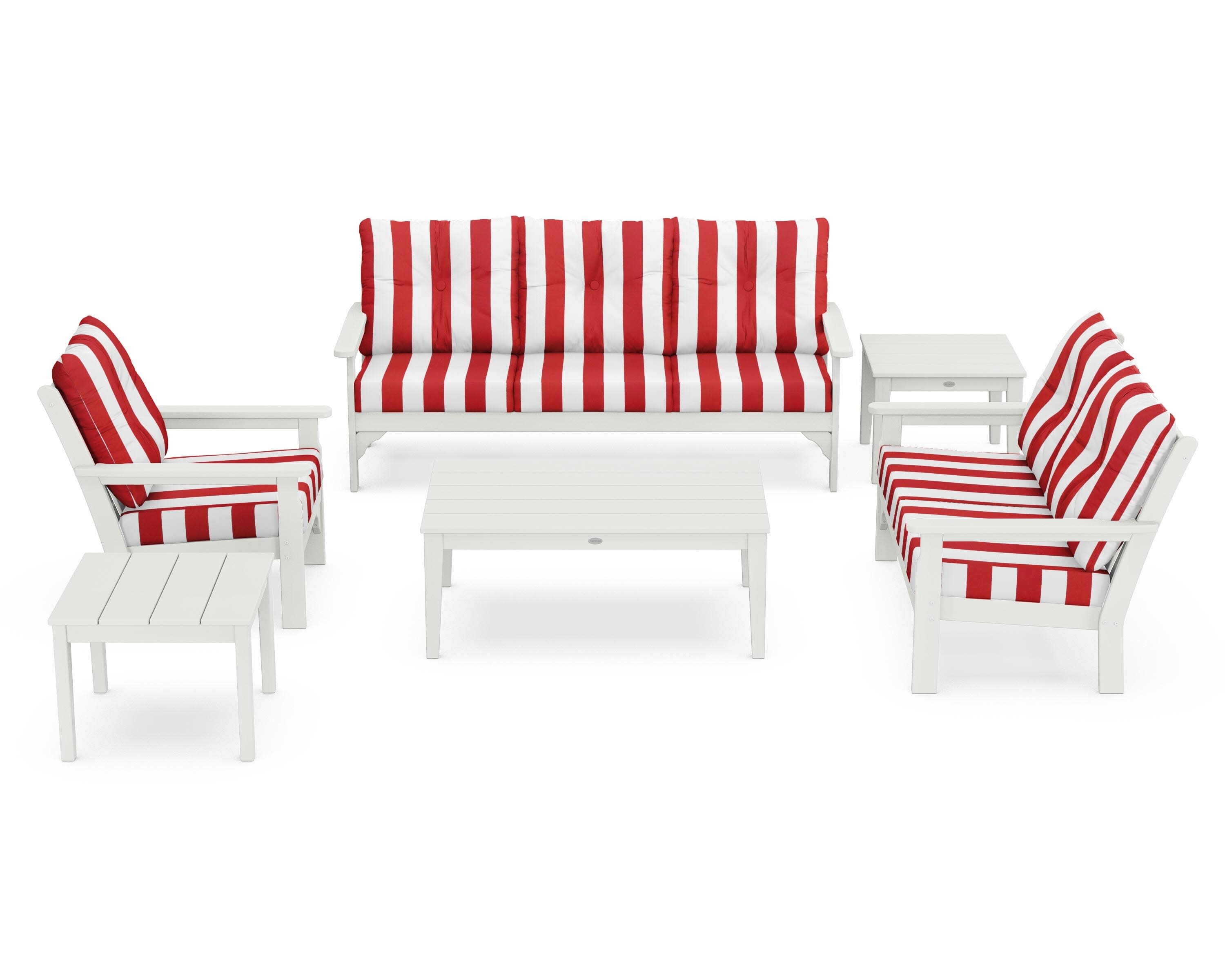 Vineyard 6-Piece Deep Seating Set in Vintage White / Cabana Stripe Crimson