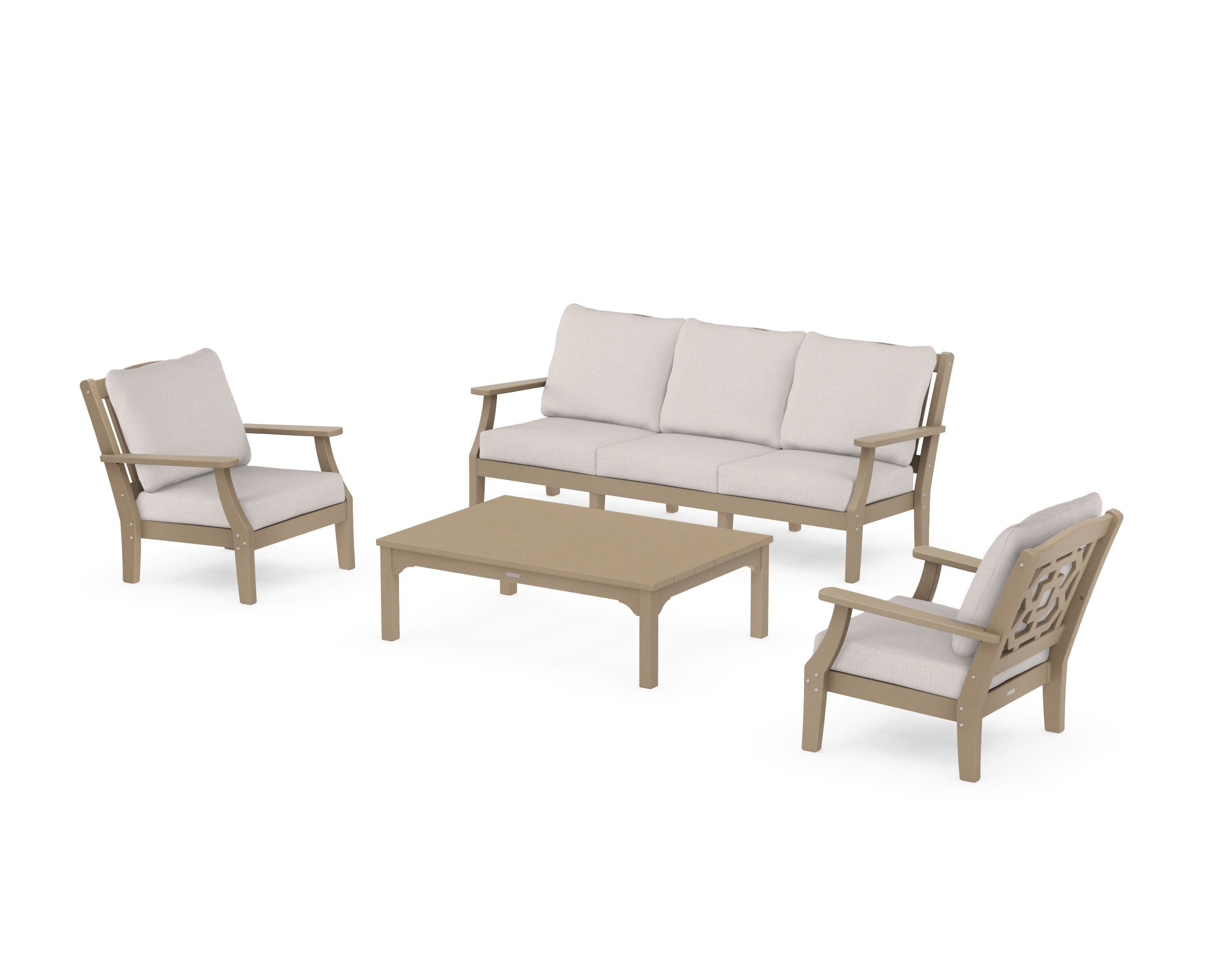 Chinoiserie 4-Piece Deep Seating Set with Sofa in Vintage Sahara / Dune Burlap