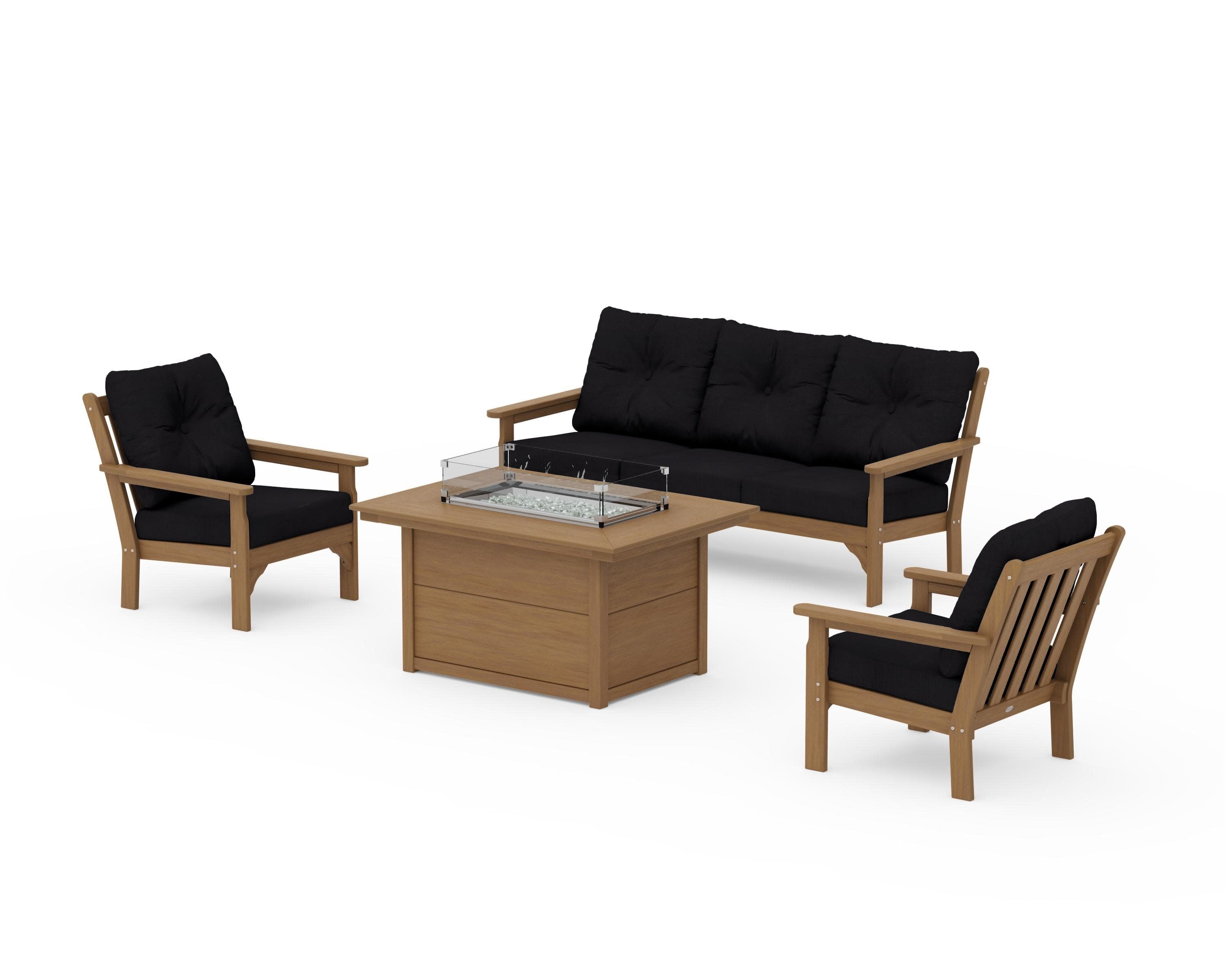 Vineyard Deep Seating Fire Pit Table Set in Natural / Midnight Linen