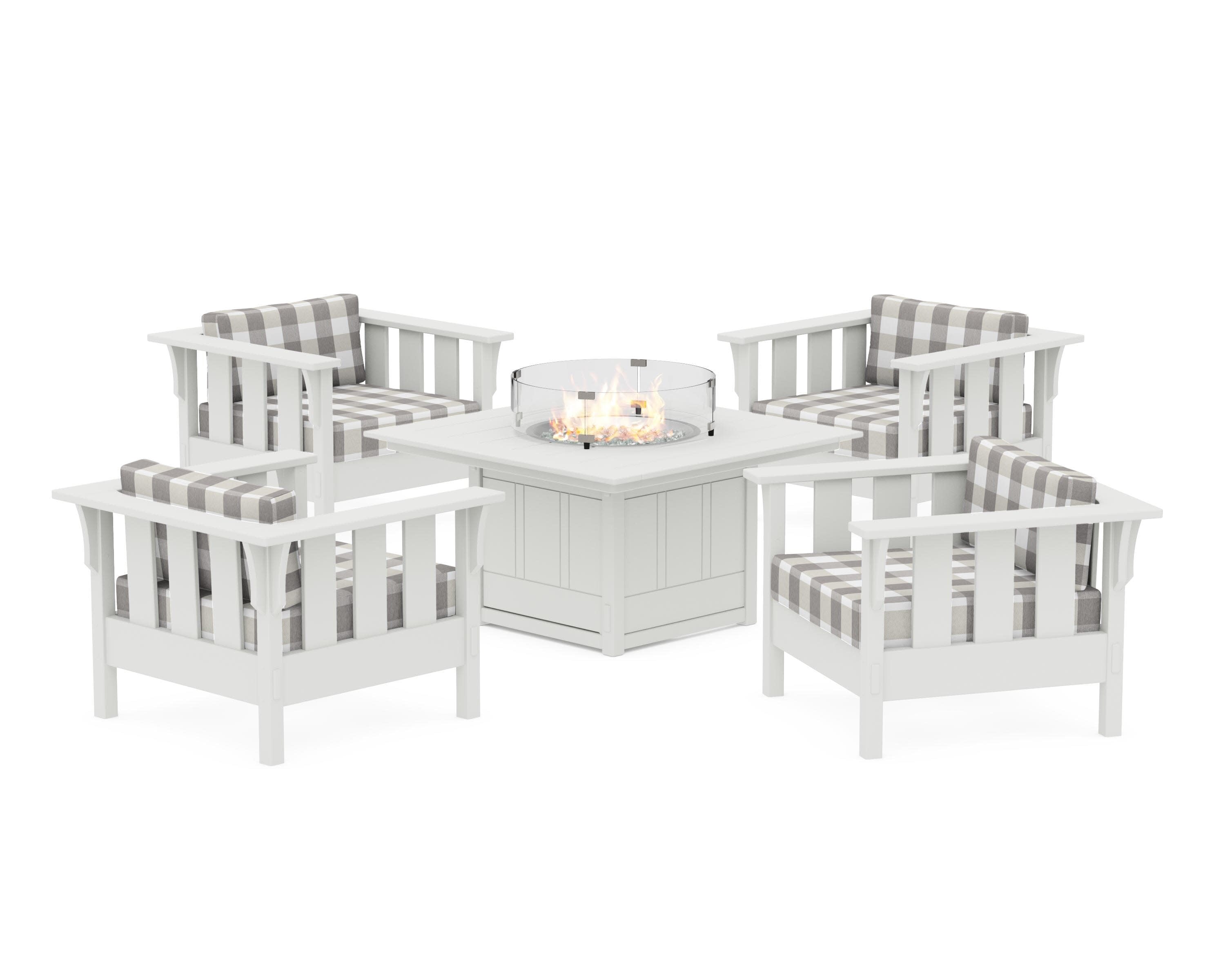 Acadia 5-Piece Deep Seating Set with Fire Pit Table in White / Buffalo Plaid Grey Mist