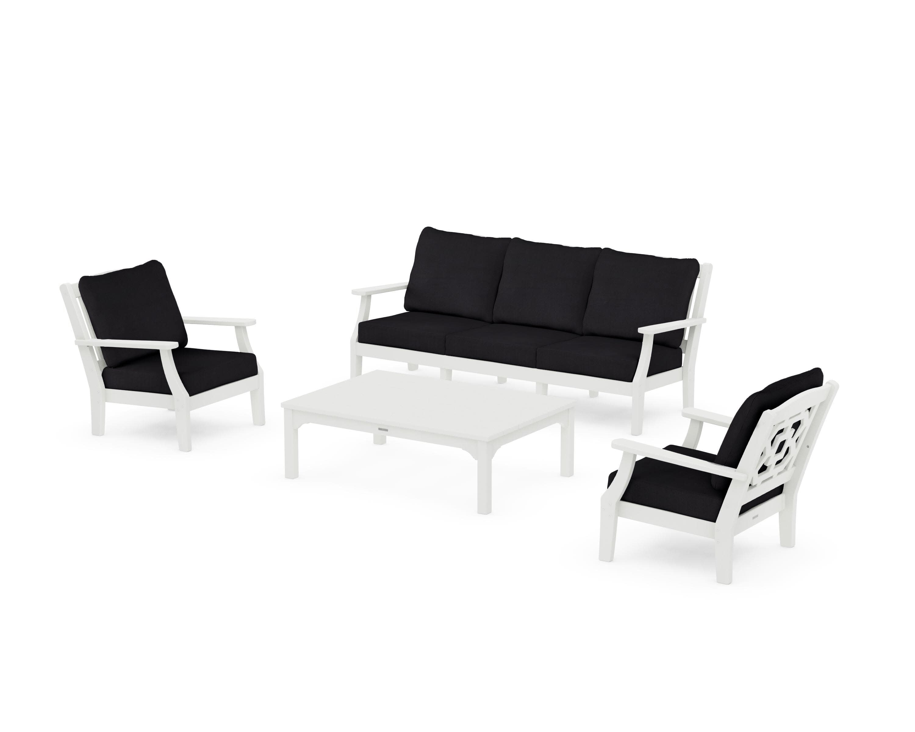 Chinoiserie 4-Piece Deep Seating Set with Sofa in Vintage White / Midnight Linen