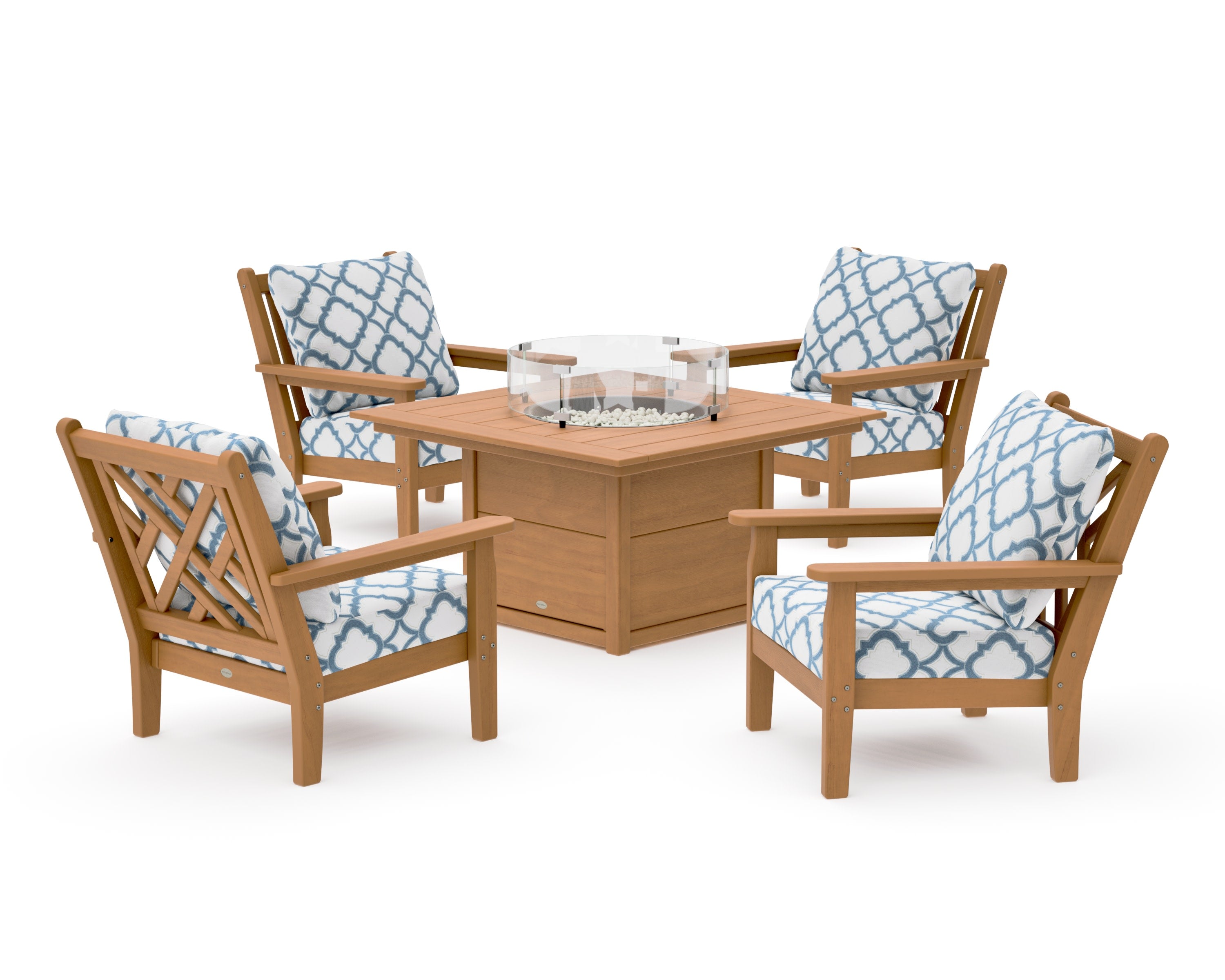 Chippendale 5-Piece Deep Seating Set with Fire Pit Table in Natural / Trellis Sky Blue